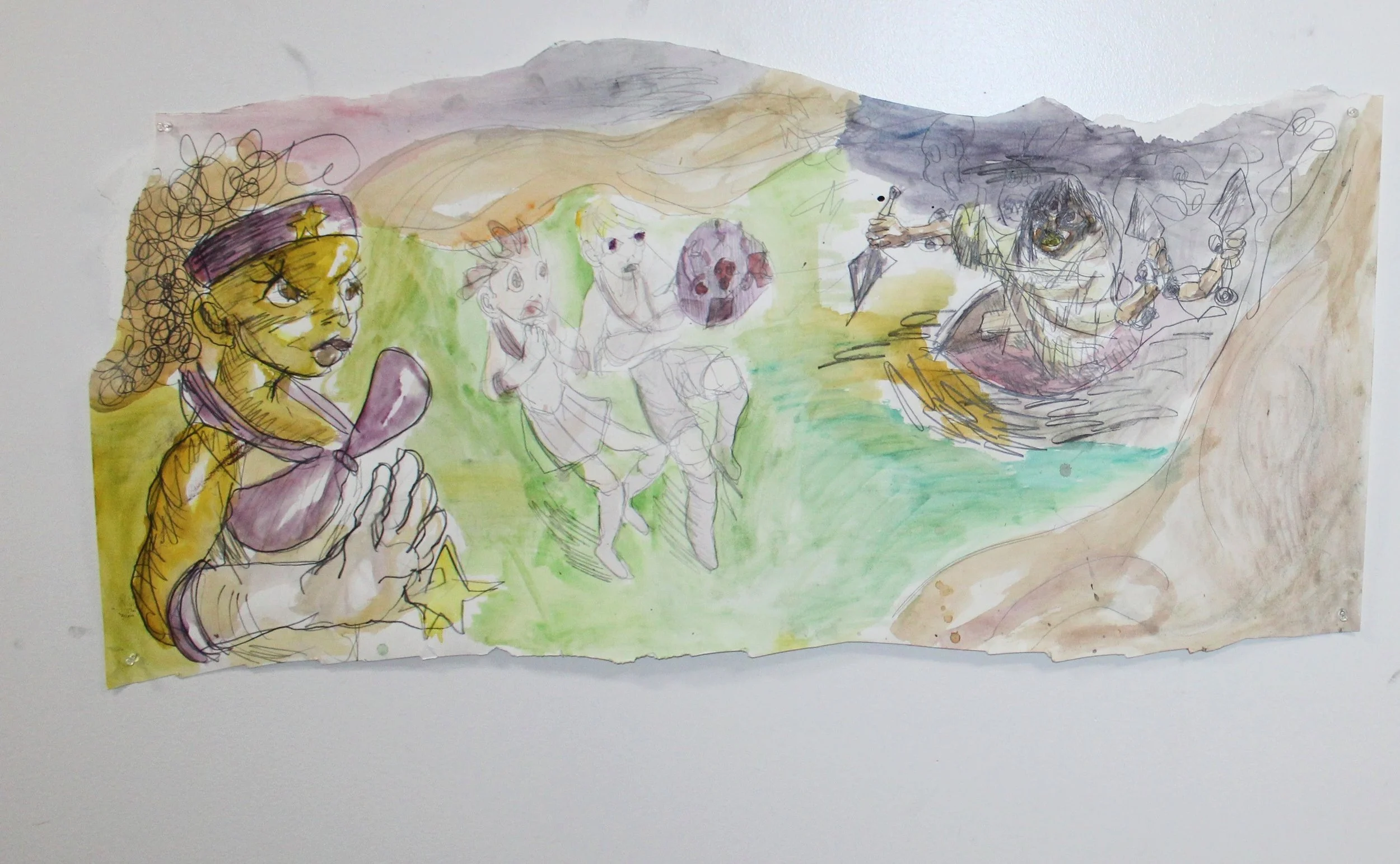VIII.Tag II, Graphite pencil and watercolor on Watercolor paper, 42 inches x 20 inches, 2023.