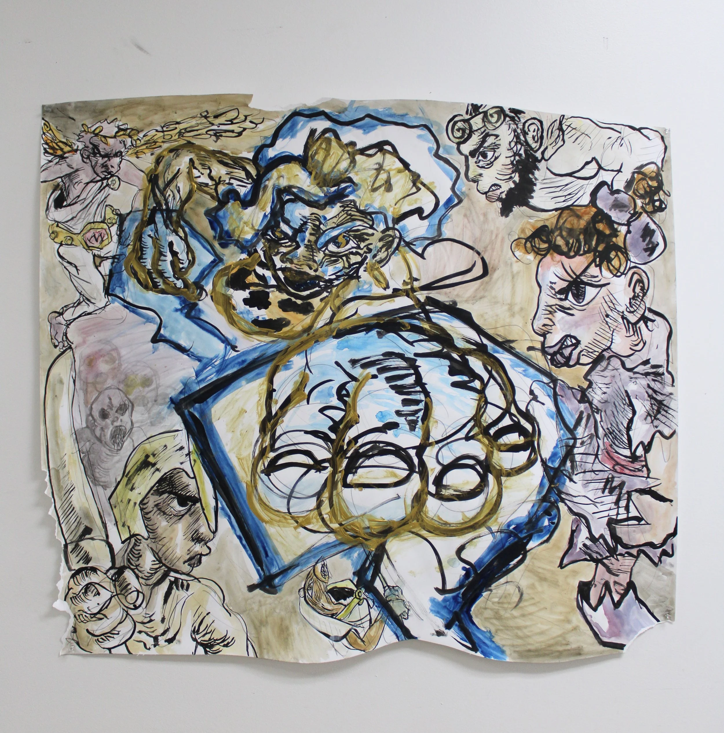 VII. The New Gods, Ink, graphite pencil, watercolor, and acrylic on Mixed media paper, 42 inches x 35 inches, 2023.