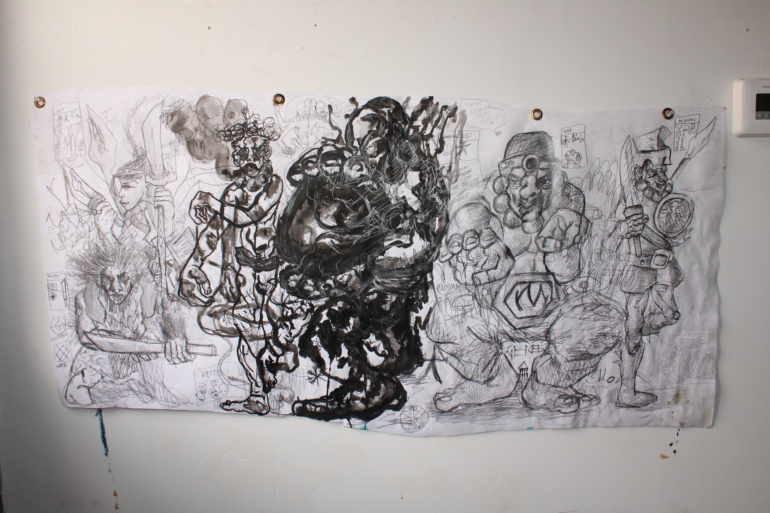 Cultural Rhizome Characters side A (Axial age), Ink and graphite pencil on Mixed media paper, 32 x 18 inches, 2024.