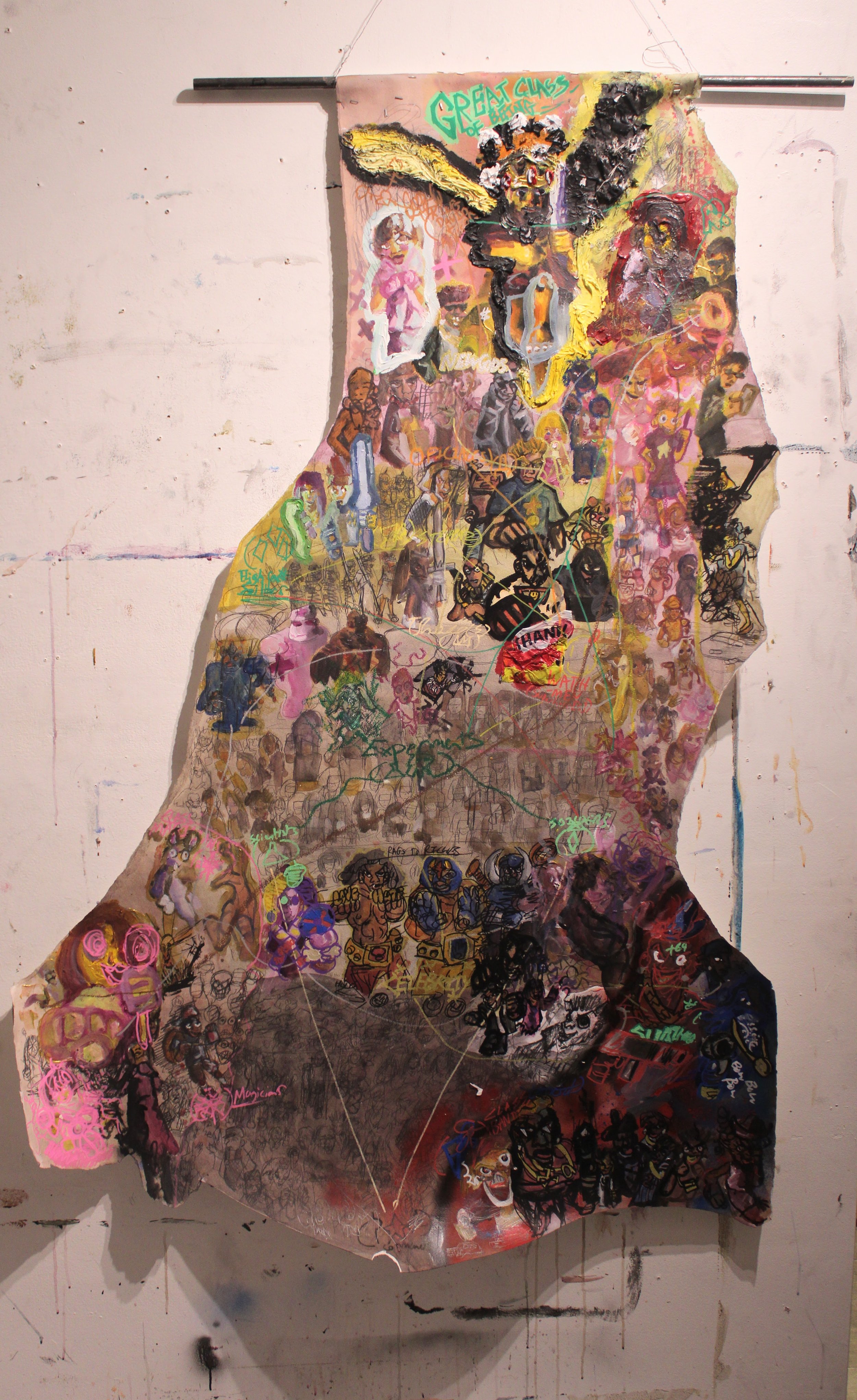 Scientist: Great Class of Being, 68 x 45 inches, Acrylic, graphite pencil, marker, modeling paste, plastic bag, spray paint, oil pastel, and ink on Arches paper attached to pipe, 68 x 45 inches, 2026.