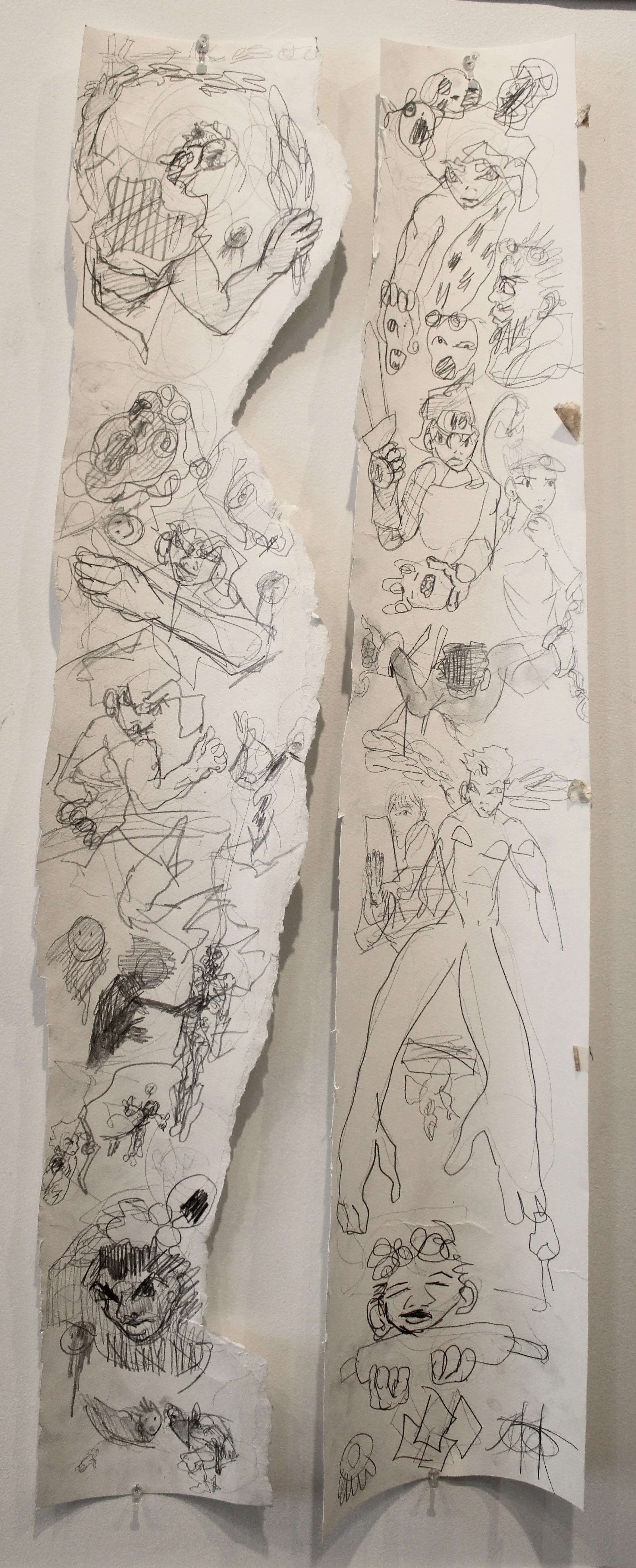 Watchmen IX (Prophet outtakes), Graphite pencil on Watercolor paper strips, 46 inches x 12 inches each, 2023.