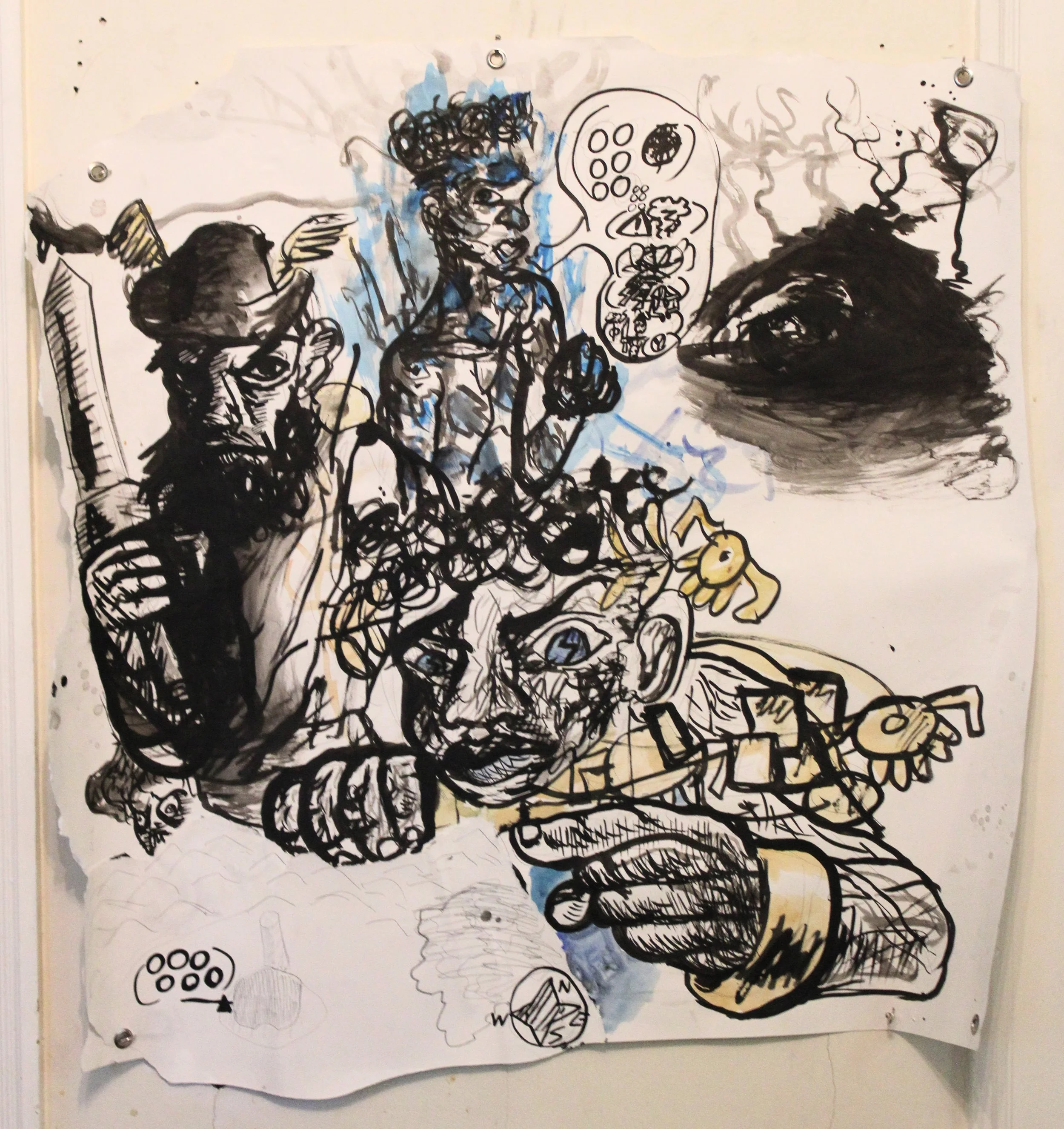 Cosmology III. Inside the valley side A map, Collaged paper, Ink and wash, pencil, watercolor, and posca markers on Drawing paper, 37 x 36 inches, 2025.