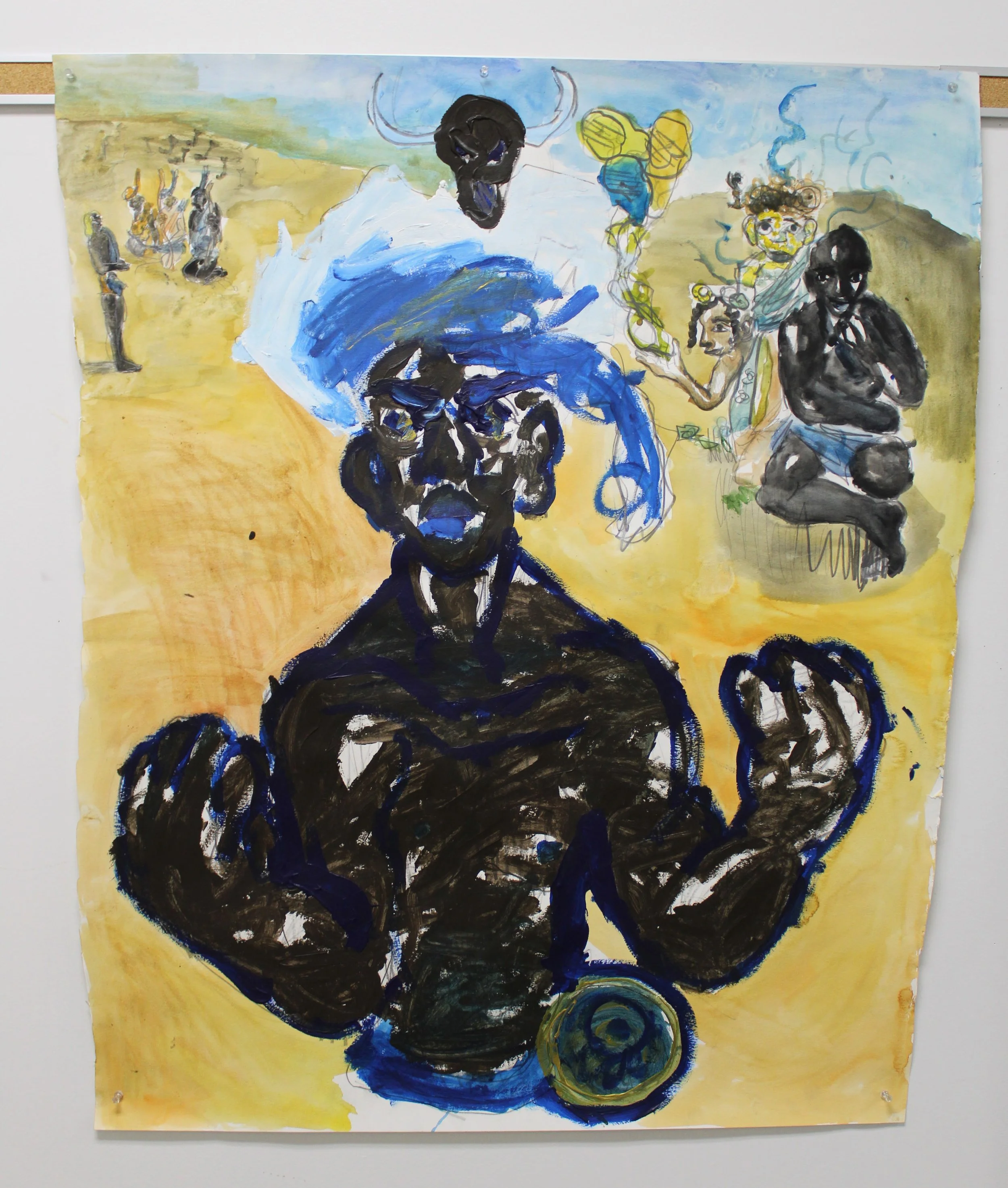 II. Waaq, Acrylic, watercolor, and graphite pencil, 36 inches x 42 inches, 2023.