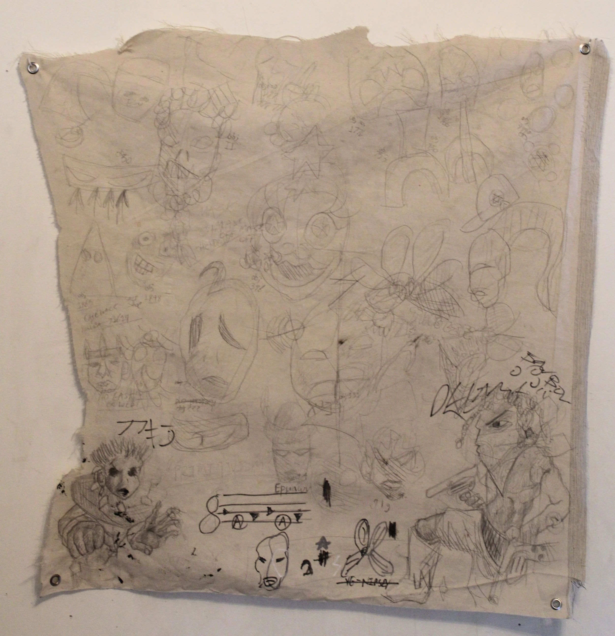 Masks Side A, Graphite pencil, Posca markers and carbon on Canvas, 36 x 37 inches, 2025.