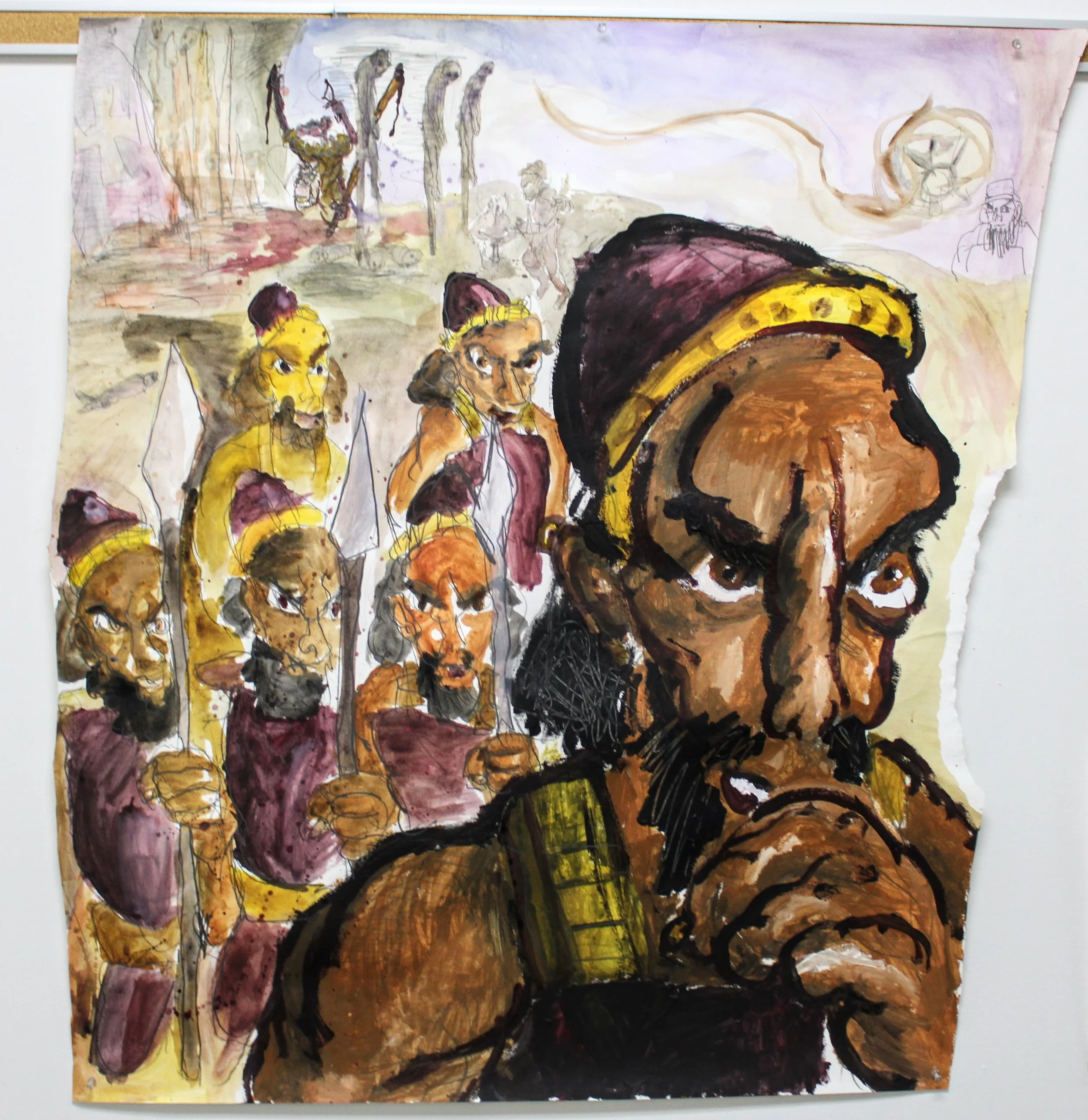 VII. Assyrians, Acrylic paint, watercolor, and graphite pencil on Watercolor paper, 42 inches x 38 inches, 2023.