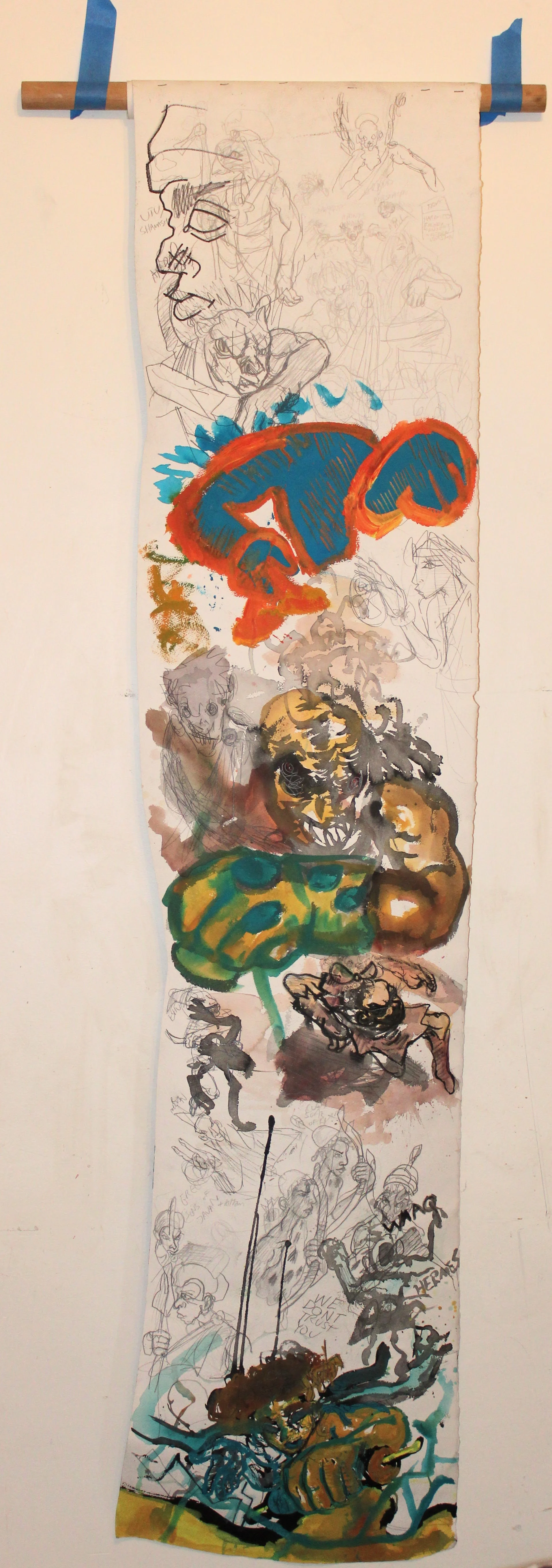 We don't trust you side A, Acrylic, gouache, graphite pencil on Arches paper, 36 inches x 74 inches, 2024.