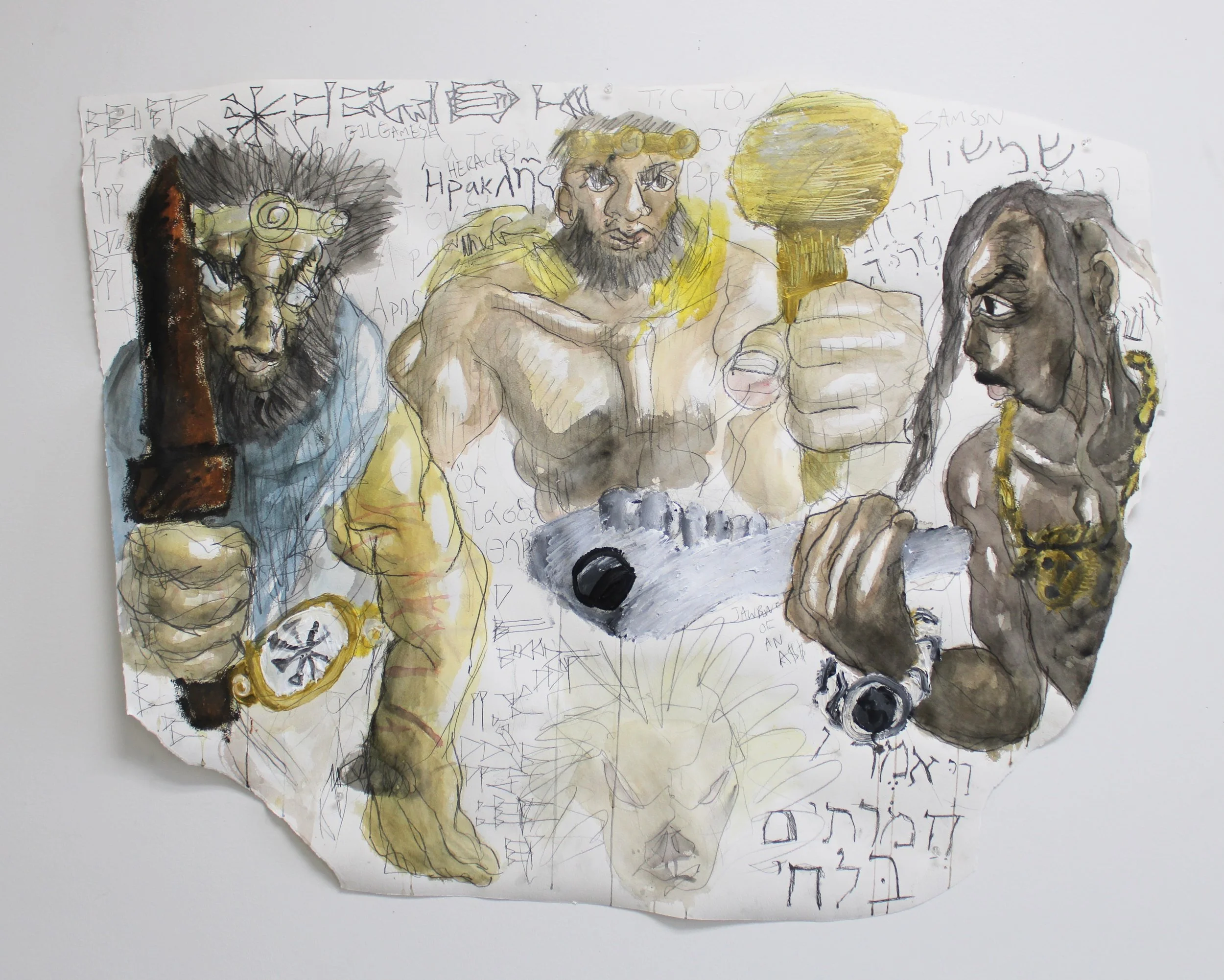 Epic Hero(s) I, Graphite pencil, watercolor, and acrylic on Arches paper, 45 inches x 35 inches, 2023.