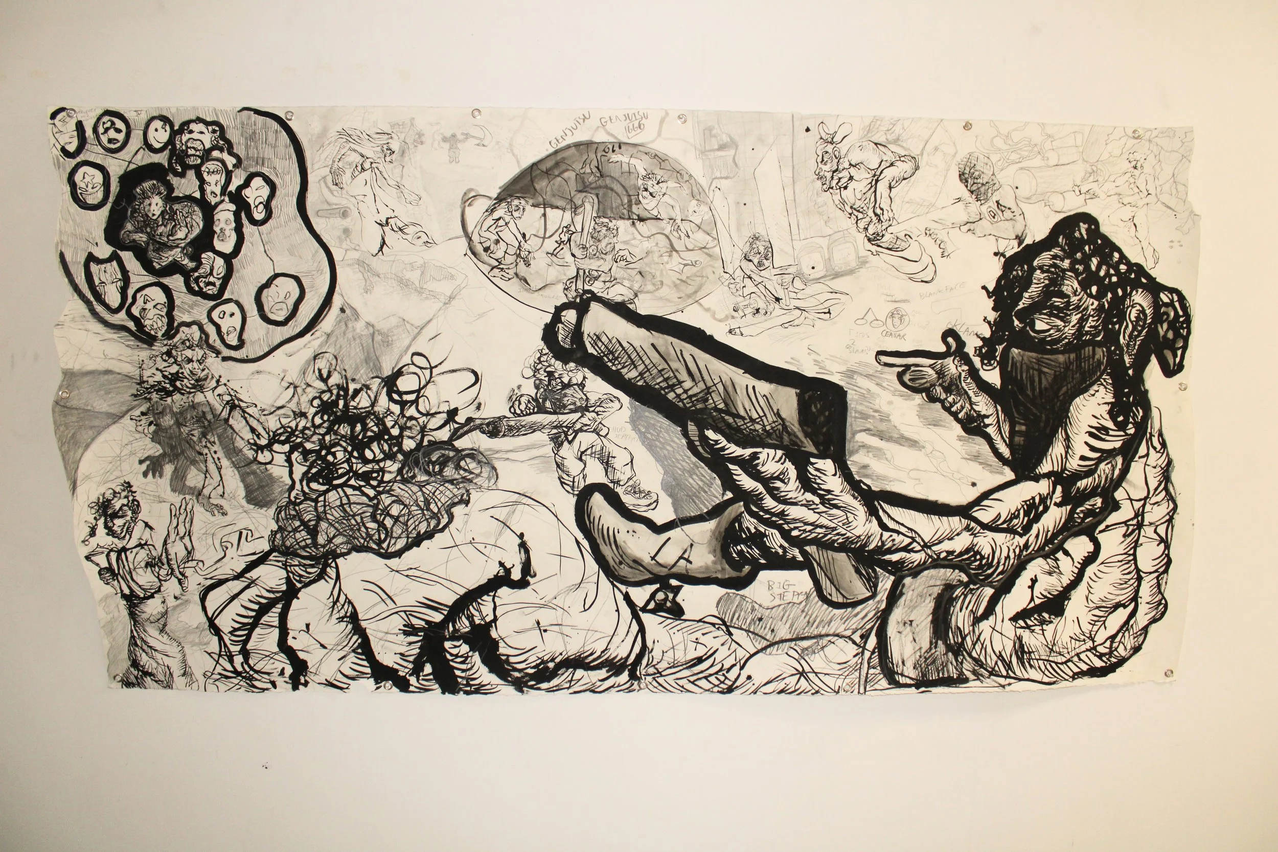 Akira vs. Mr. Morale, Ink and graphite pencil on Arches paper, 94 x 48 inches, 2022.