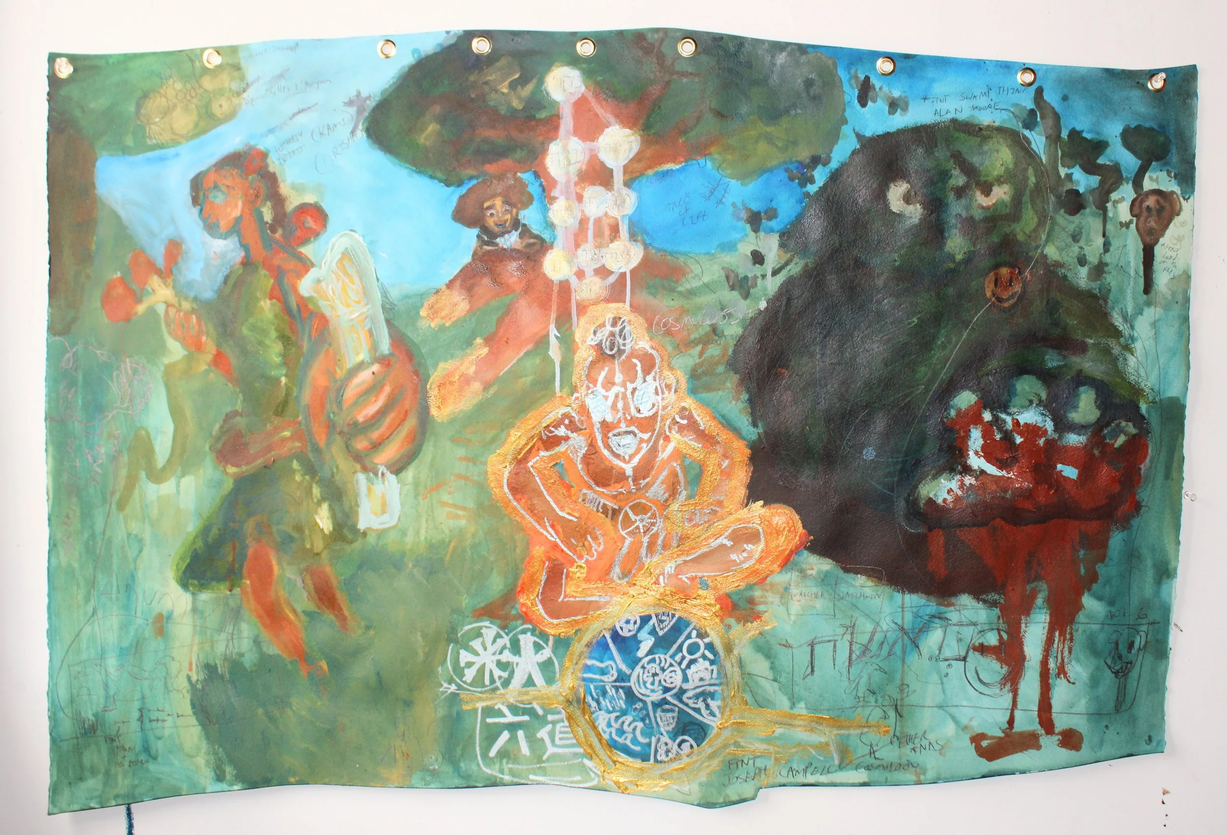 Cosmologist side A ( Nature spirits), Acrylic, metallic marker, and graphite pencil on Arches paper, 36 x 20 inches, 2024.