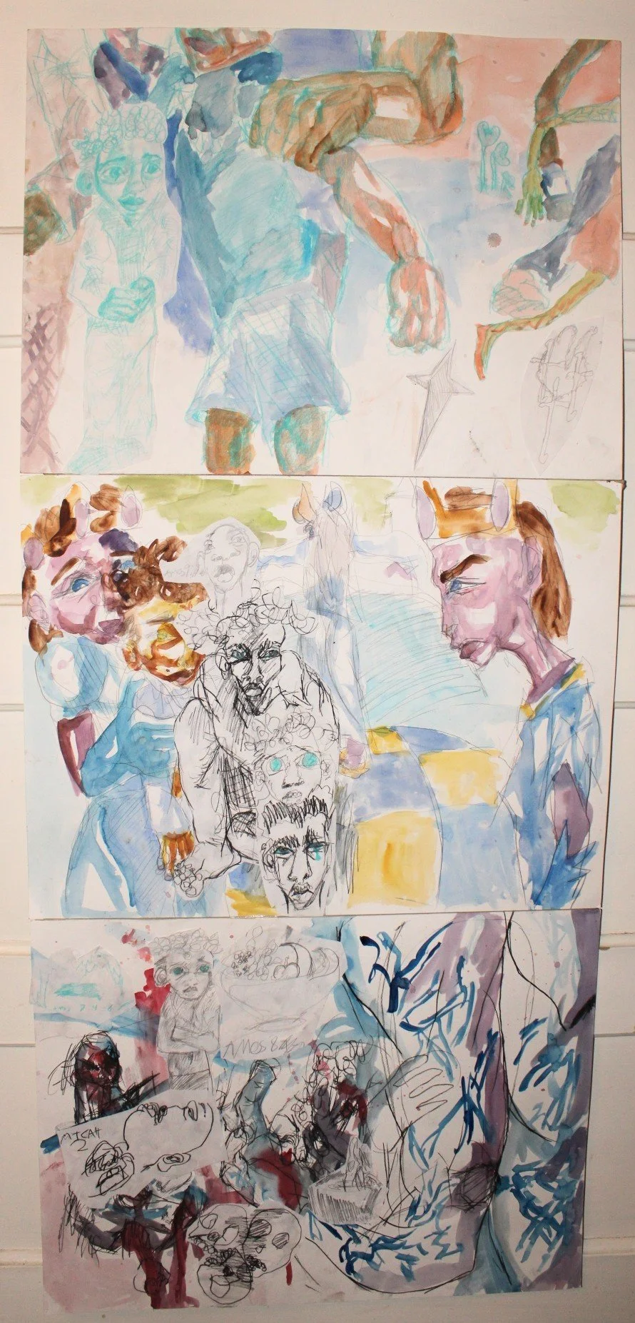 Three Prophecies, Graphite pencil, colored pencil, watercolor, and charcoal on Watercolor paper, 24 inches x 54 inches, 2021.