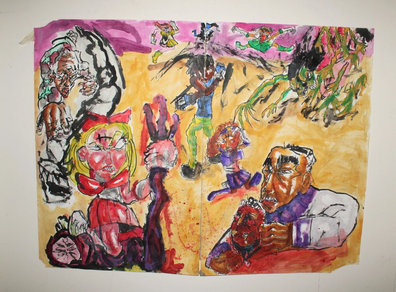 Genesis: Studio Floor VI (Confrontation), Acrylic paint and ink on Drawing paper, 62 inches x 46 inches, 2020.