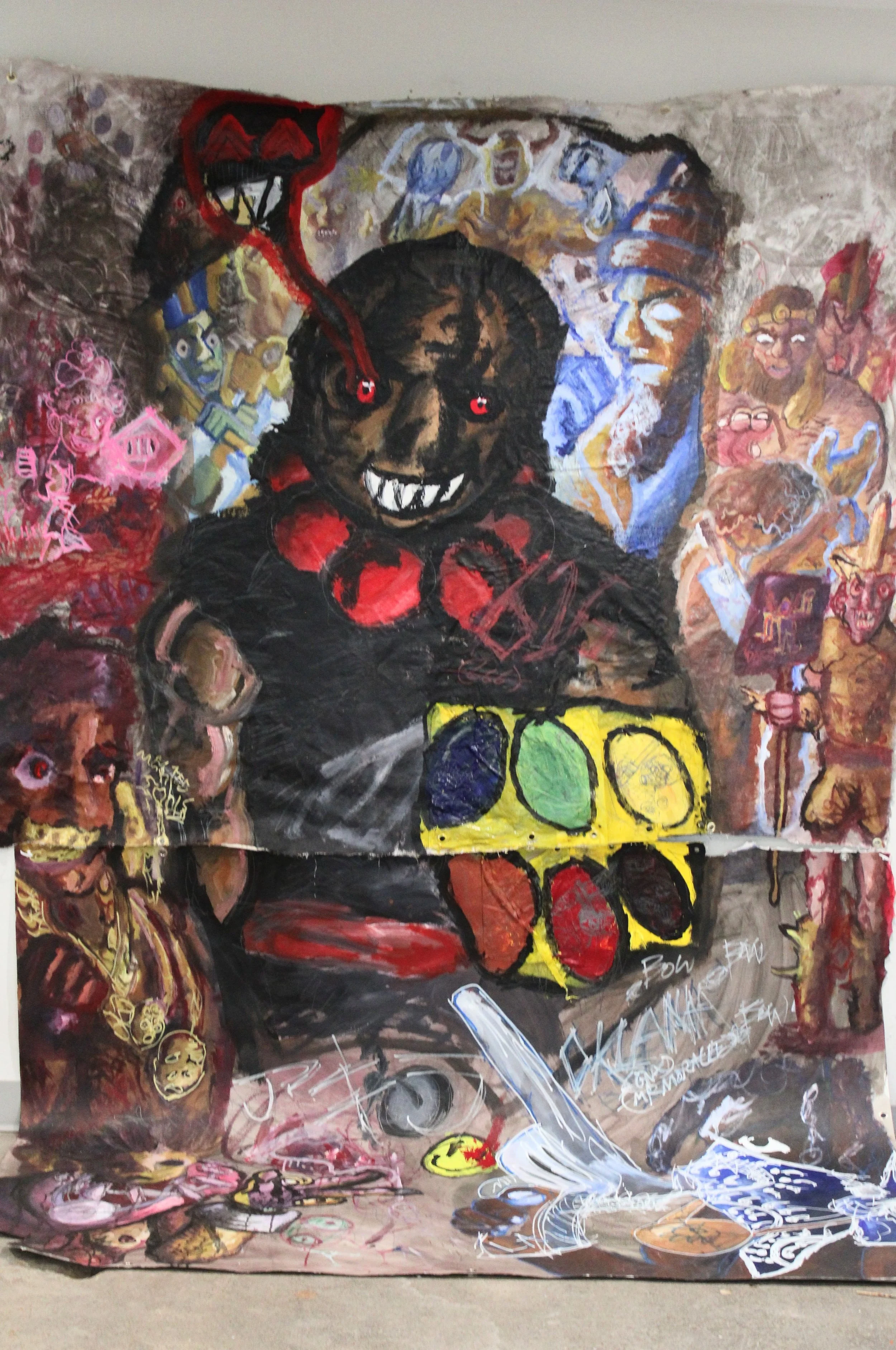 Death of the Old Gods I : [Universe] 616 (in LA), Mixed media material, acrylic, graphite pencil, posca markers, and carbon tracing on Canvas and Arches paper, 68 x 108 inches, 2025.