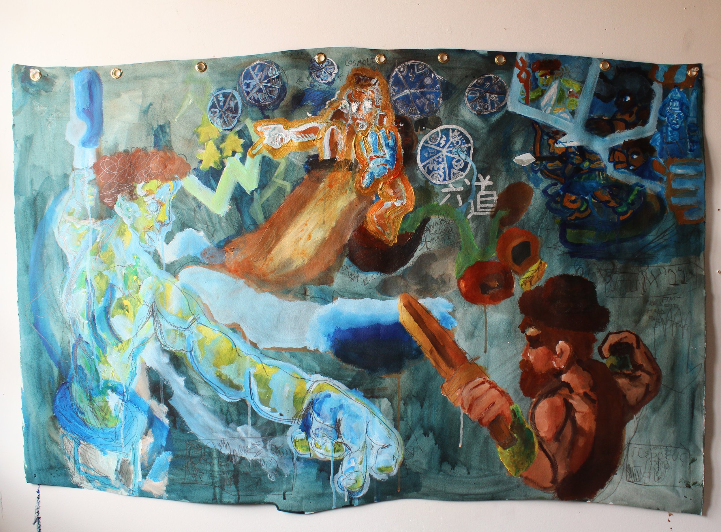 Cosmologist side B ( Six paths), Acrylic, Metallic Marker and graphite pencil on Arches paper, 36 x 20 inches, 2024.