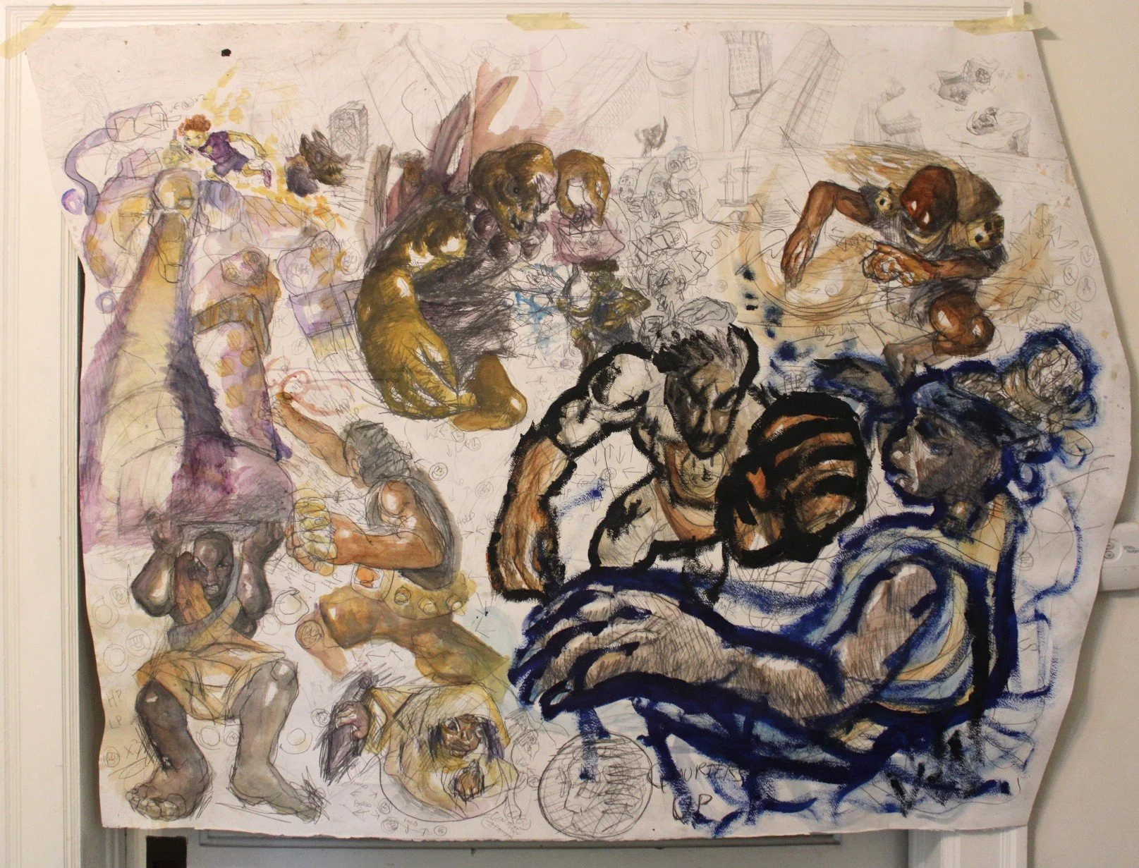 Movelist part II Side A, Acrylic, watercolor, and graphite pencil, 36 x 24 inches, 2024.