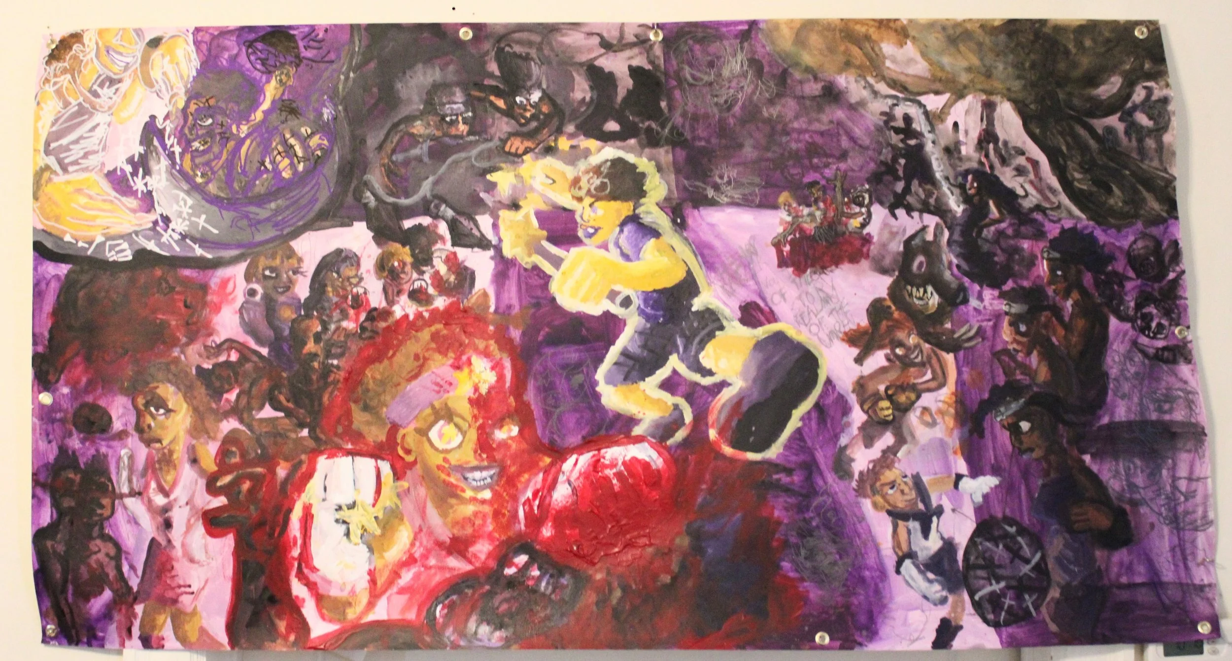Vivian's vs Titi III: Cruel Children and Ghosts (Titi Massacre), Acrylic, graphite pencil and Posca Markers, 36 x 66 inches, 2024.  
