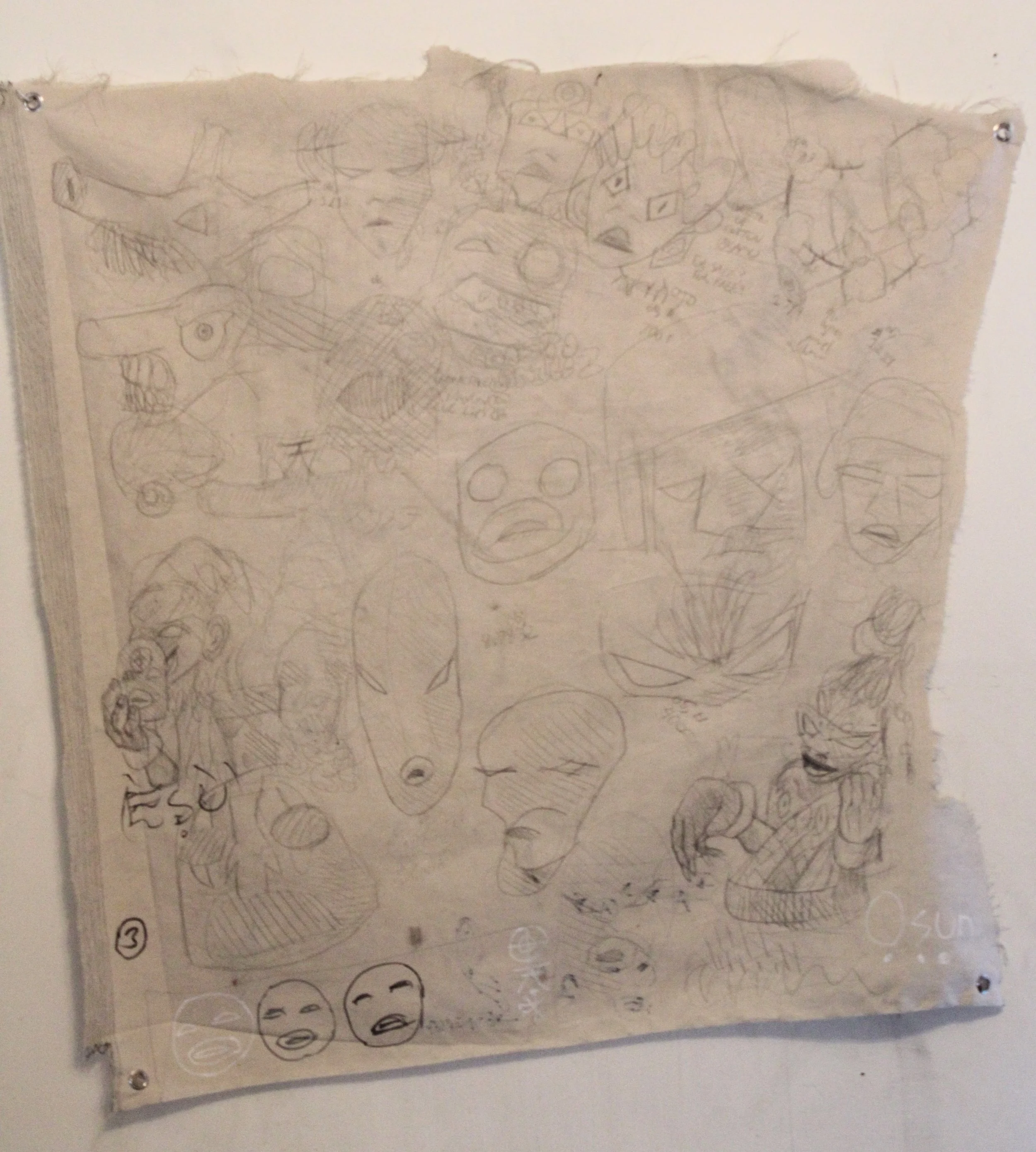 Masks Side B, Graphite pencil, Posca markers, and carbon on Canvas, 36 x 37 inches, 2025.