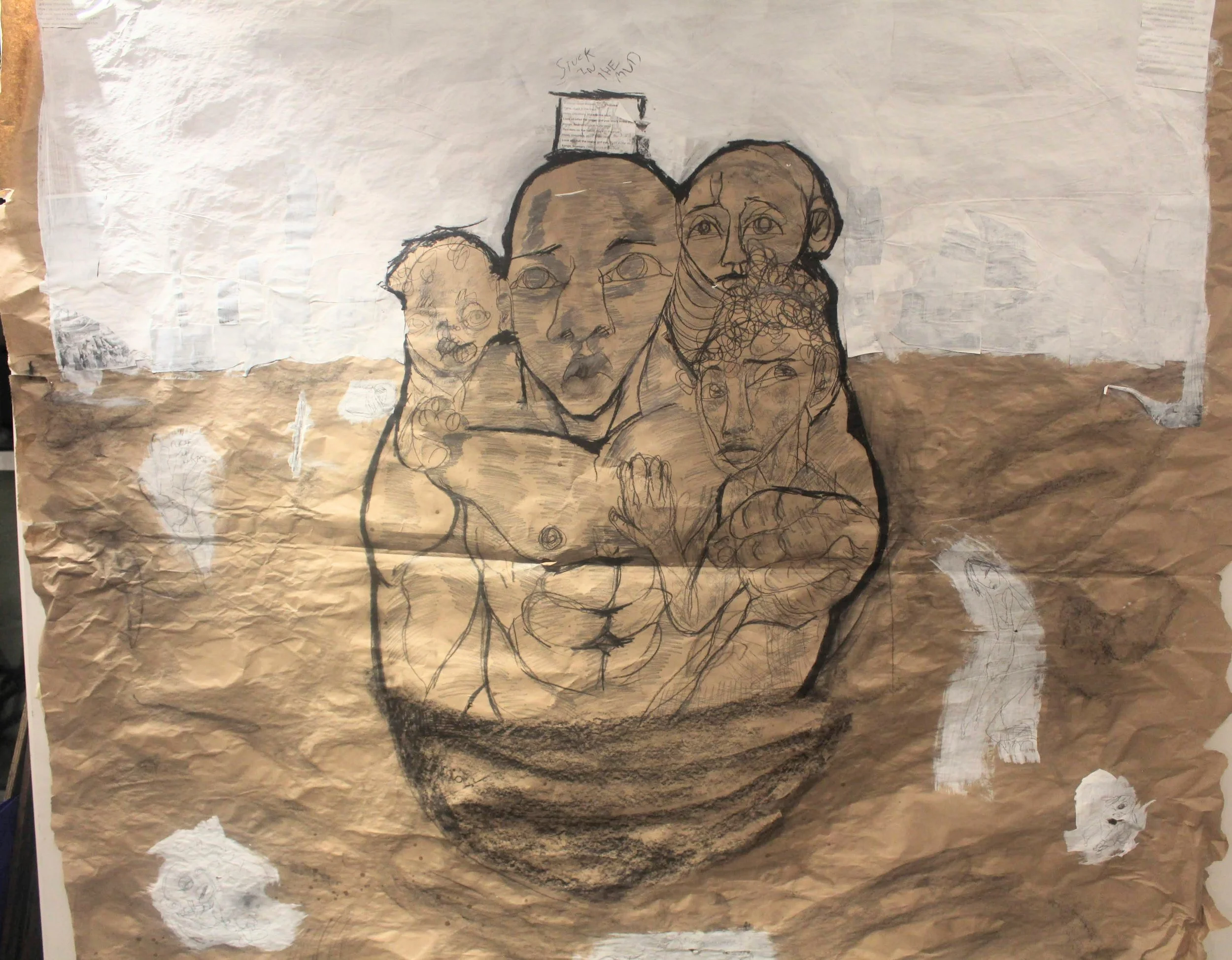 Stuck in the Mud, Charcoal, graphite pencil, gesso, and collage on Kraft paper, 72 x 72 inches, 2021.