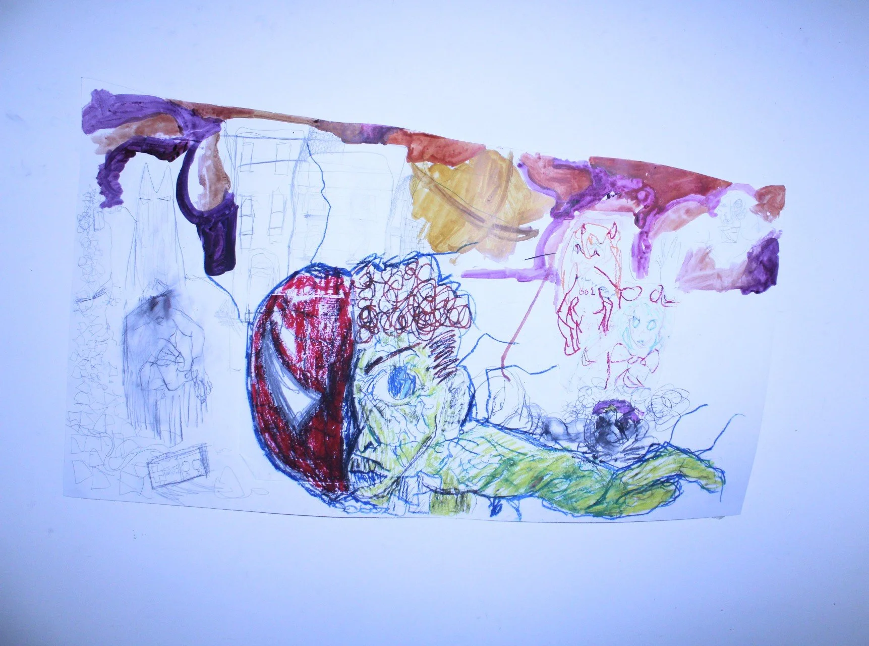 Spider sense, Pastel, acrylic, and graphite pencil on Bristol board, 42 x 23 inches, 2022.
