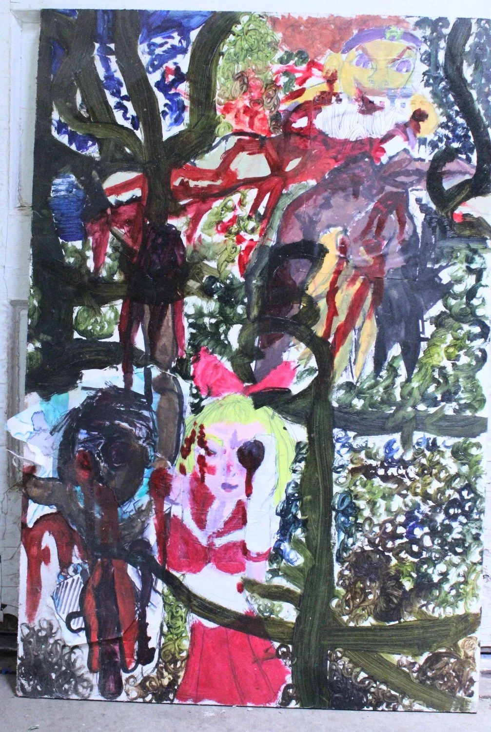 "Fan art", Oil, acrylic paint, and collage on Wood, 42 inches x 28 inches, 2021.