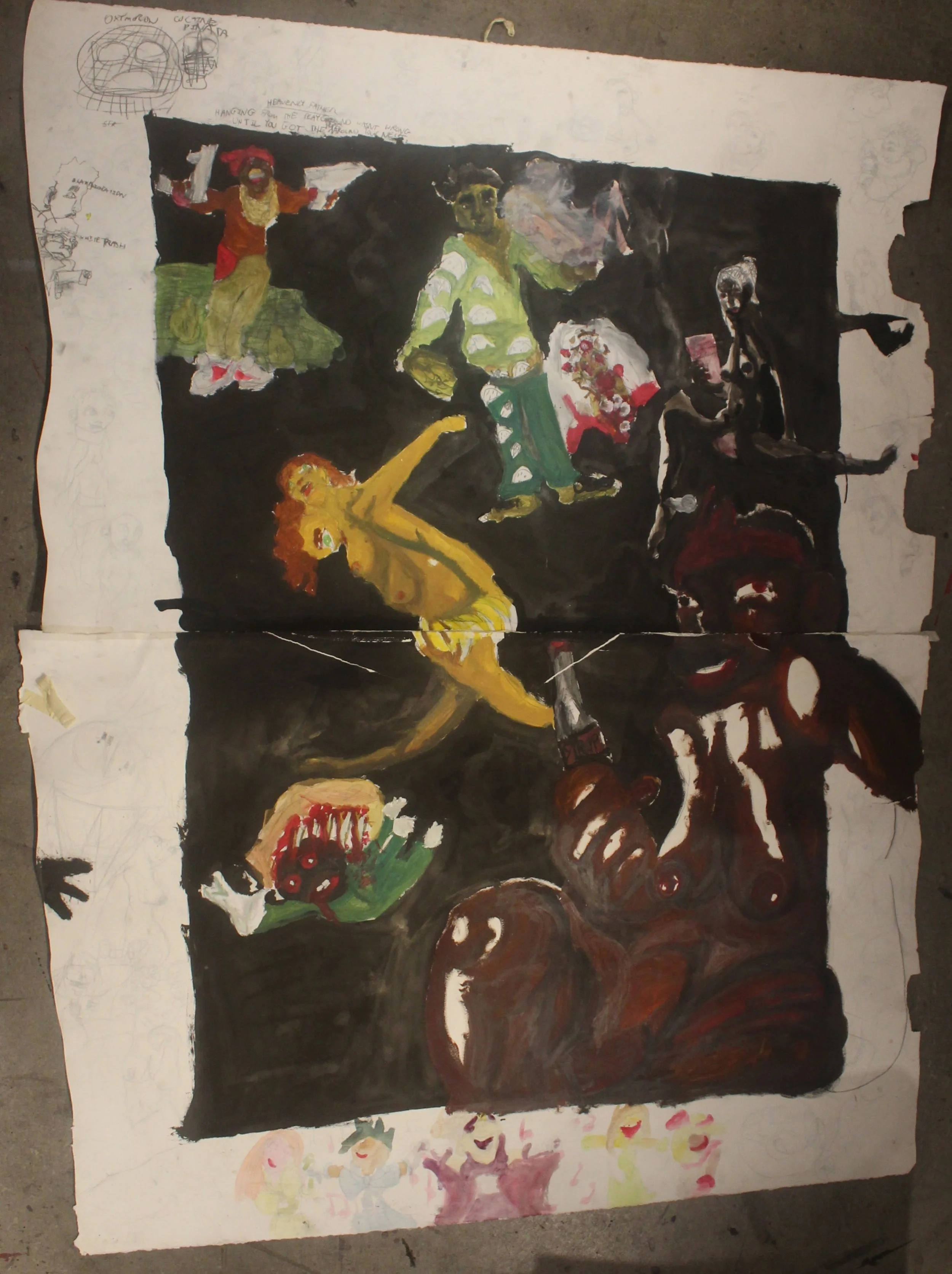 Jigaboos, Acrylic and graphite pencil on Primed arches paper, 52 x 92 inches, 2021.