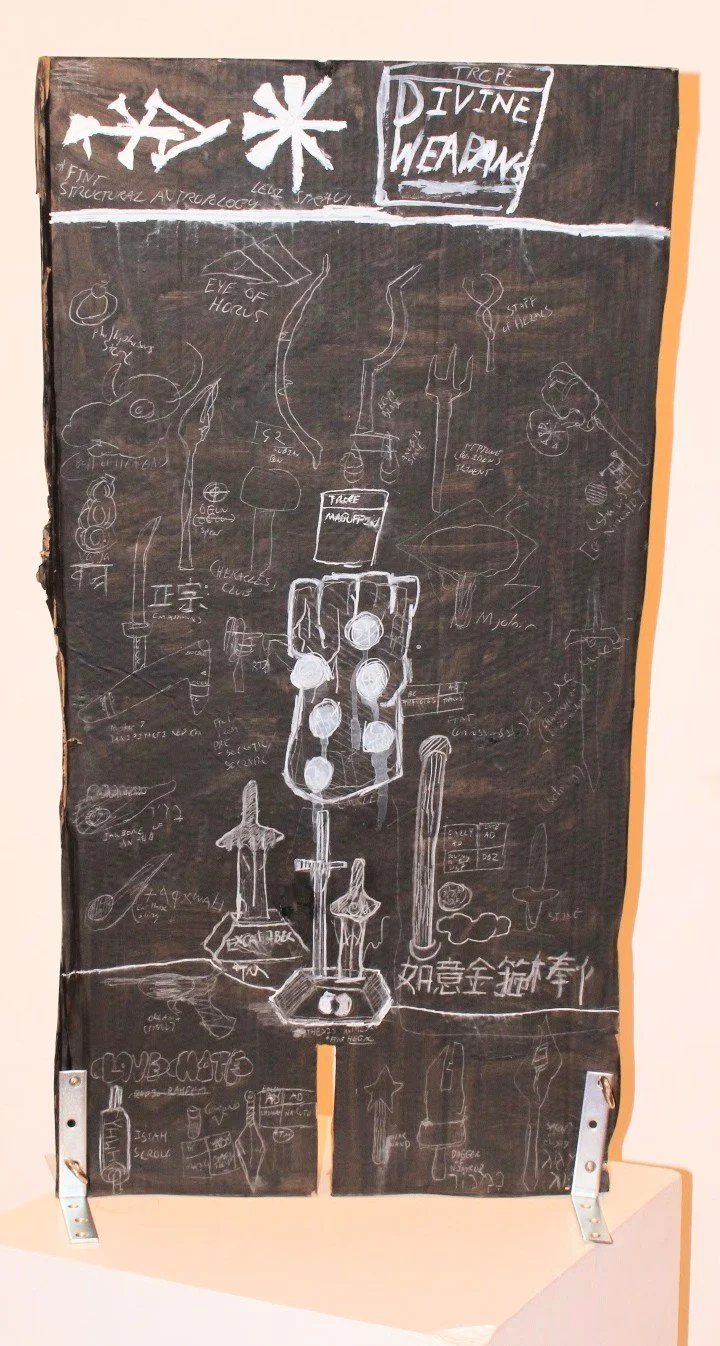 Legendary Weapons, Ink, Acrylic, white and graphite pencil on Cardboard, 21 x 41 1/2 inches, 2024. 