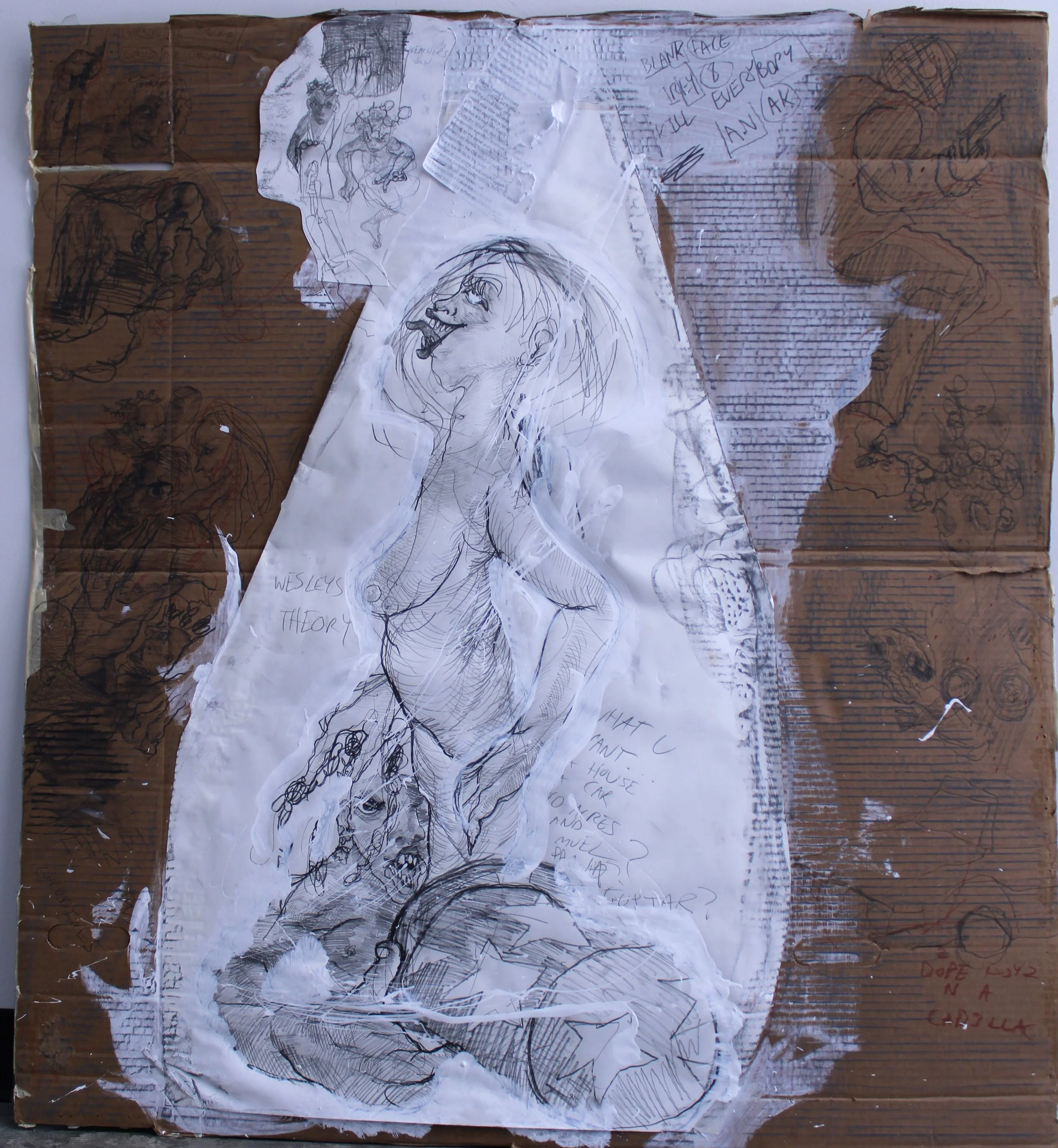 Wesley's Theory (Record deal), Graphite pencil, charcoal, gesso, and collaged mixed media paper on Cardboard, 52 inches x 52 inches, 2023.