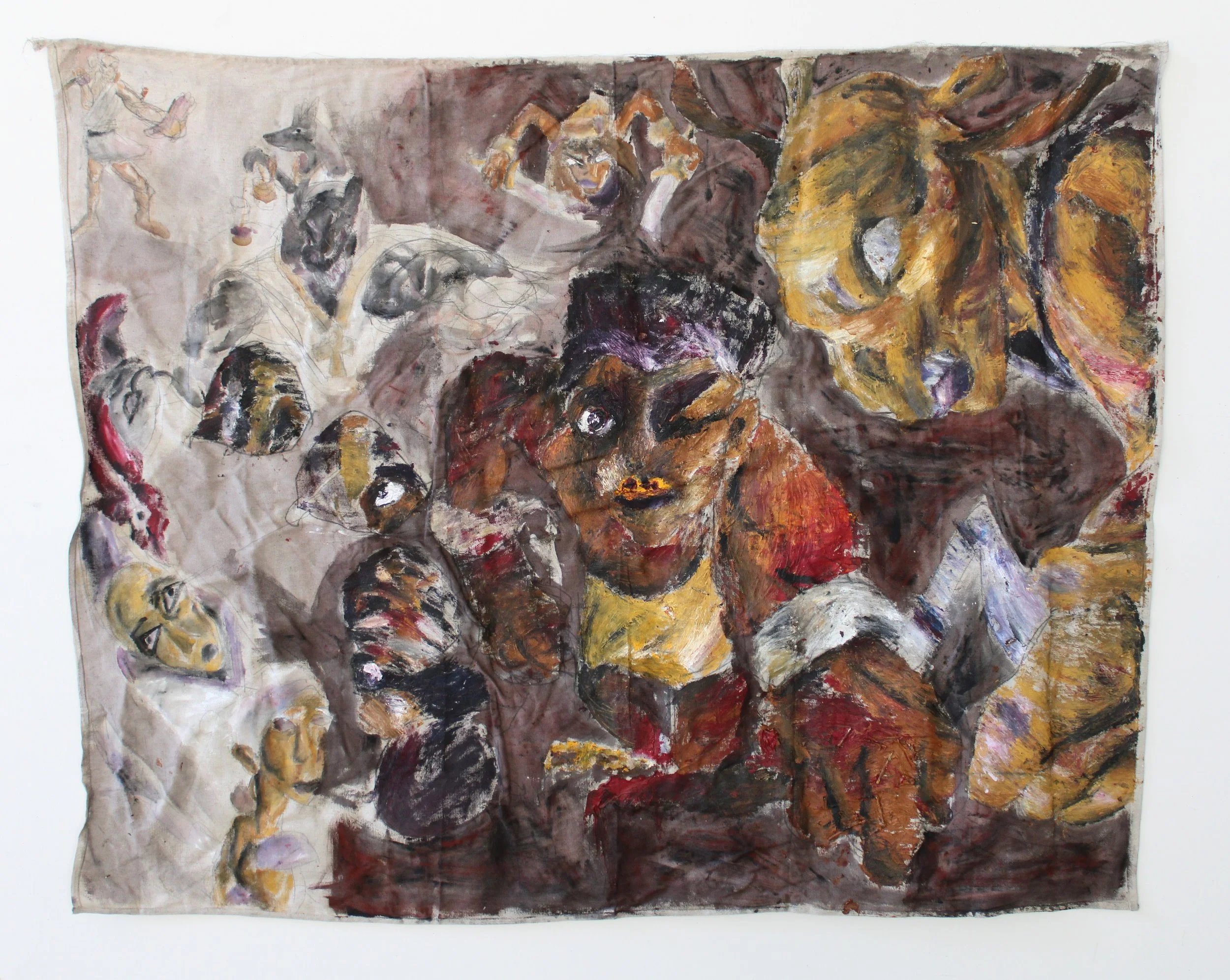 II. The man who opposed the gods, Acrylic paint, sticks, and graphite pencil on unstretched/unprimed canvas, 68 inches x 53 inches, 2023.