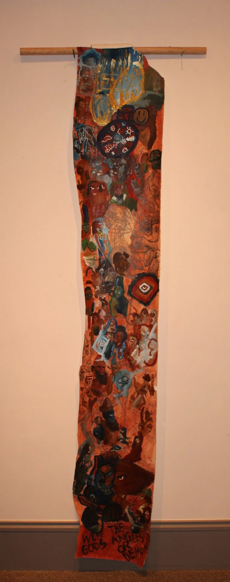 Old Gods Genealogy, Acrylic and graphite pencil on Arches paper attached to  dowel, 32 1/2 x 92 inches, 2024.