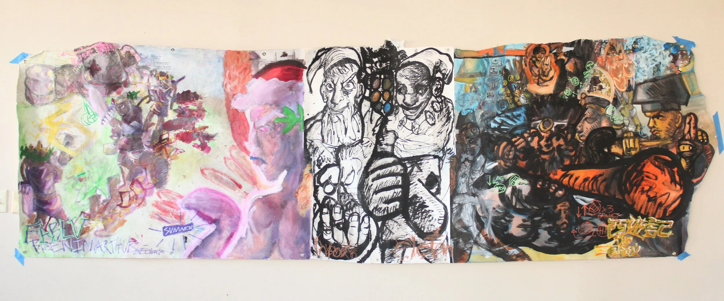 West/East: Grendel//Tricksters//Romance of the three kingdoms, Acrylic, graphite pencil, ink, marker, and carbon tracing on Canvas, collaged mixed media paper, and Arches paper, 47 x 156 inches, 2025.