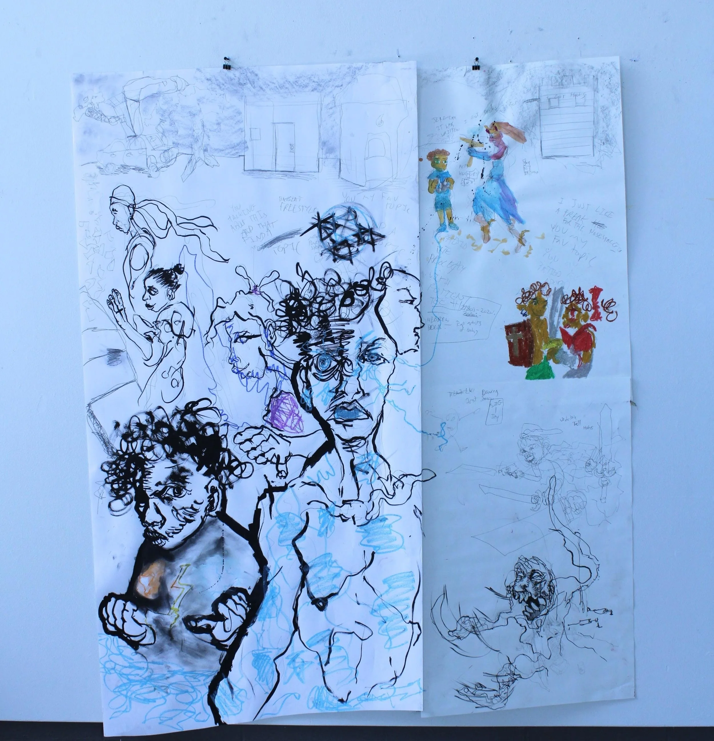 Find a topic, Ink, charcoal, pastel, watercolor, and pen on colladed mixed media papers, 70 x 59 inches, 2022.