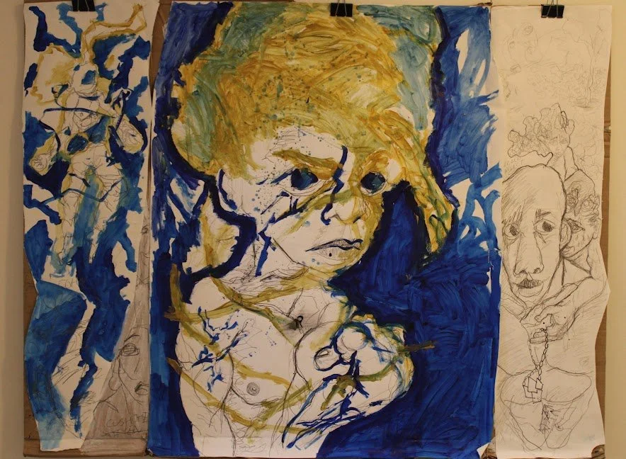 Gohan, Graphite pencil, acrylic paint, and collaged mixed media paper on Cardboard, 48 inches x 36 inches, 2022.