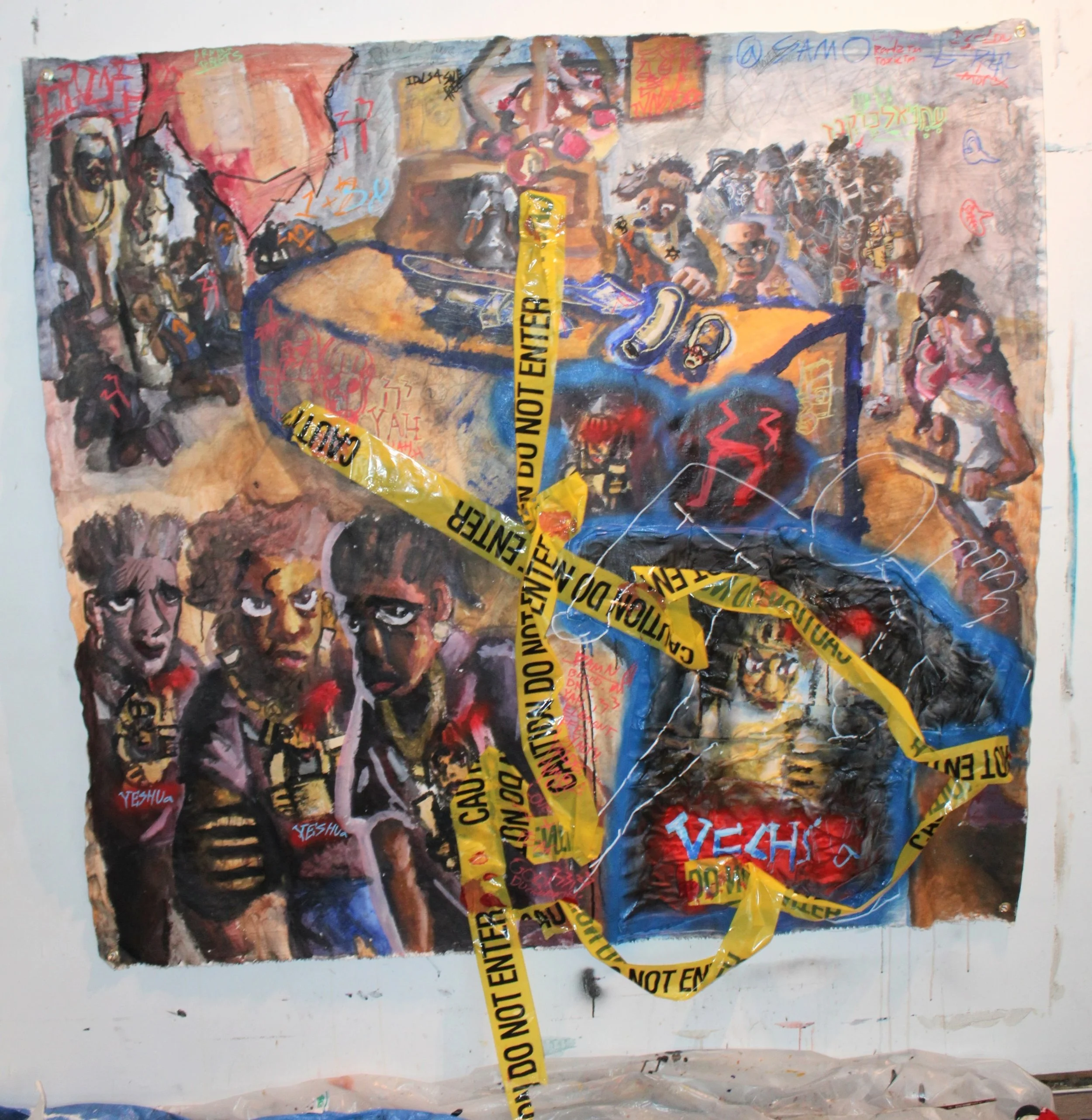 Yeshua Funeral T shirt, Acrylic, graphite pencil, Do not cross tape, spray paint, marker, and carbon tracing on T shirt and canvas 60 x 70 inches, 2025.
