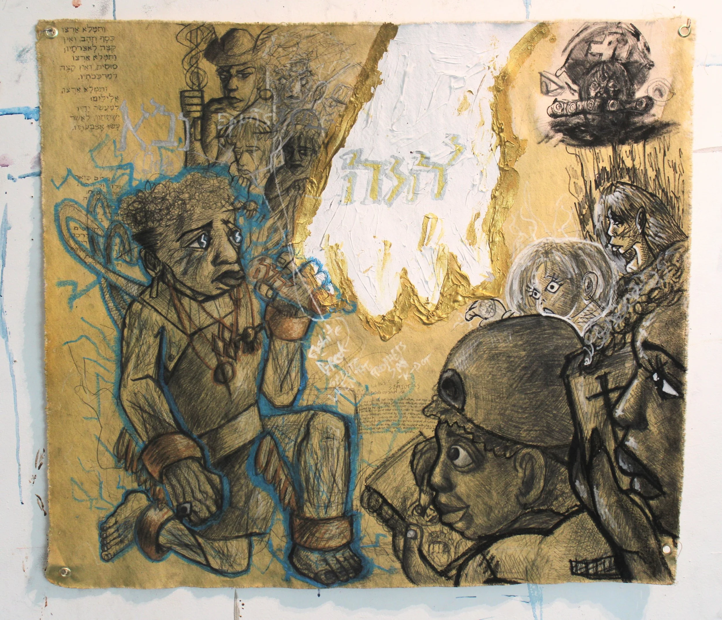 False Prophets/Profits: Messenger, Acrylic, graphite/white pencil, oil pastel, ink, oil pastel and carbon tracing on Canvas, 
32 x 35 inches, 2026.