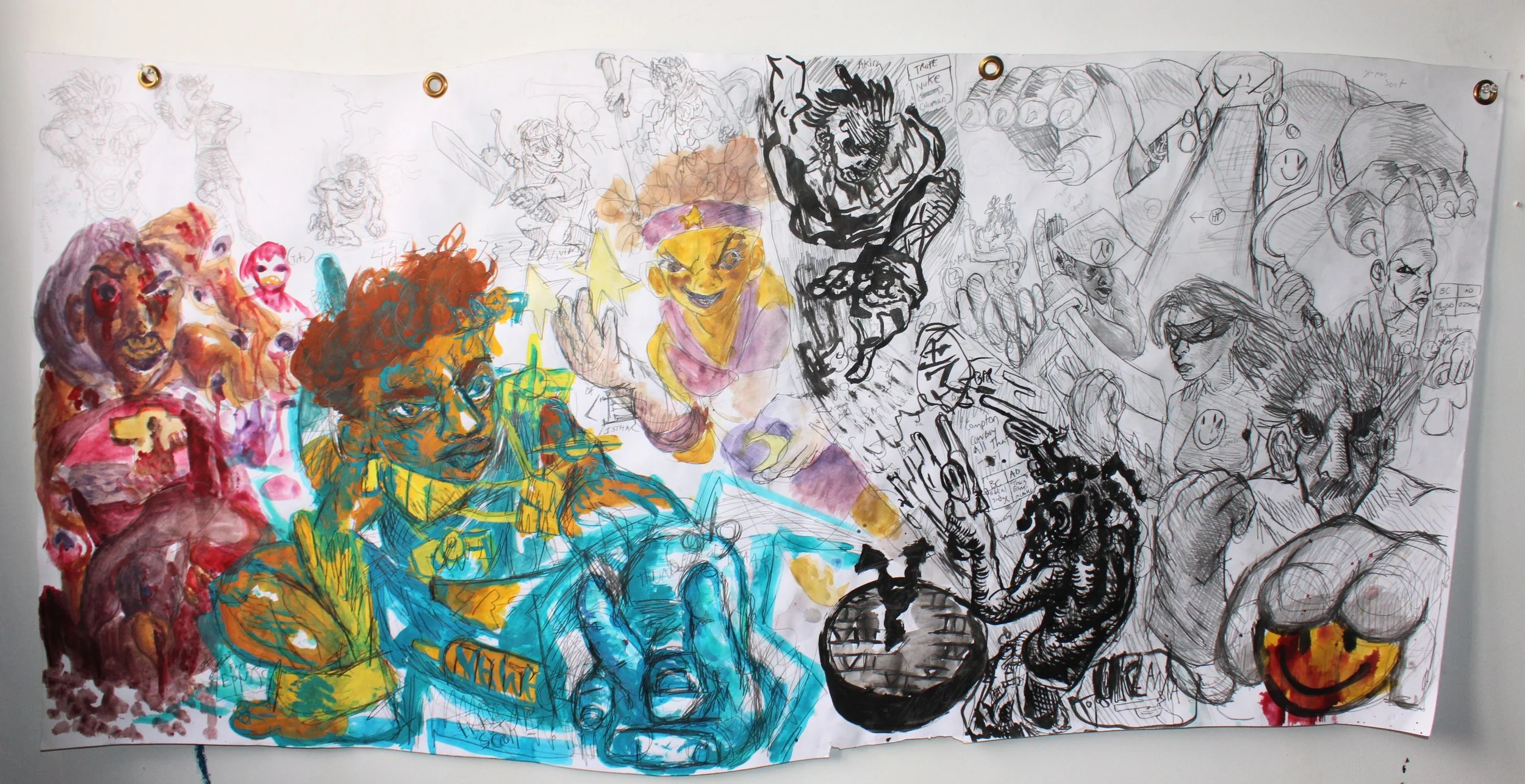 Cultural Rhizome Characters side B (Modern), Ink and graphite pencil on Mixed media paper, 32 x 18 inches, 2024.