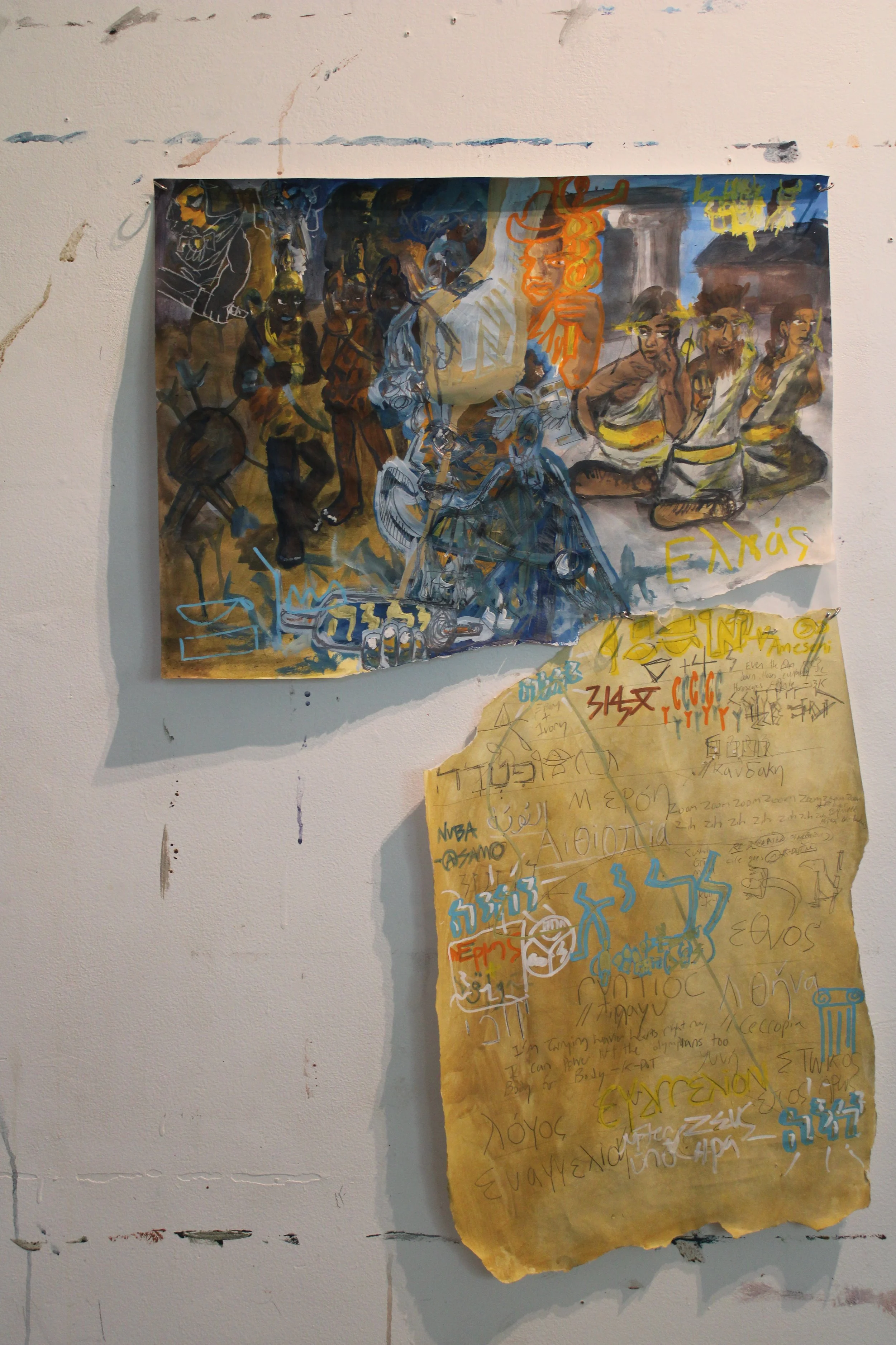 Cushite-Greek, Acrylic, graphite pencil, marker, and  carbon tracing on Mixed media paper, 24 x 42 inches, 2025.