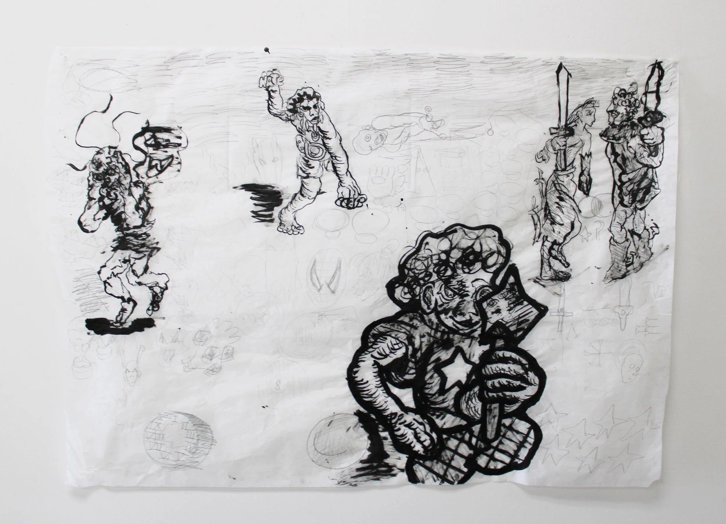 III. Who Watches the Watchmen?, Inkwash on Vellum, 62 inches x 42 inches, 2023.