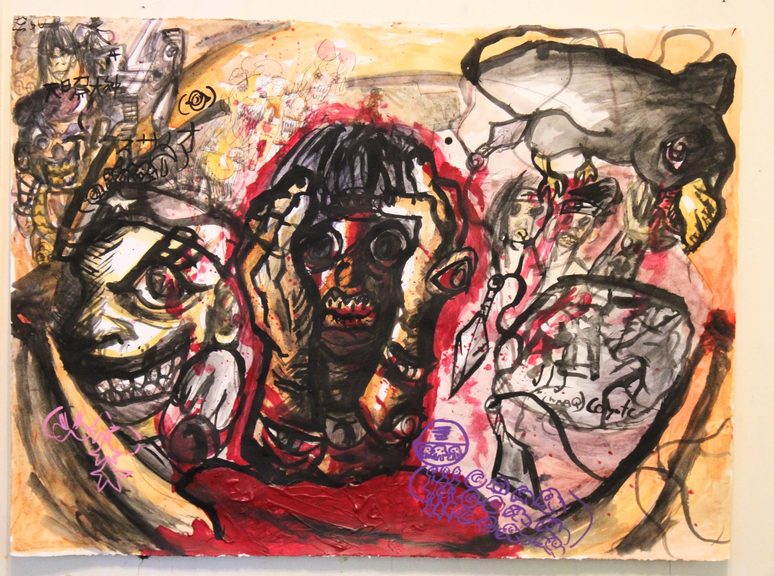 Noname Hallucinations , Acrylic, graphite pencil, and posca markers on Watercolor paper, 24 x 30 inches, 2025.