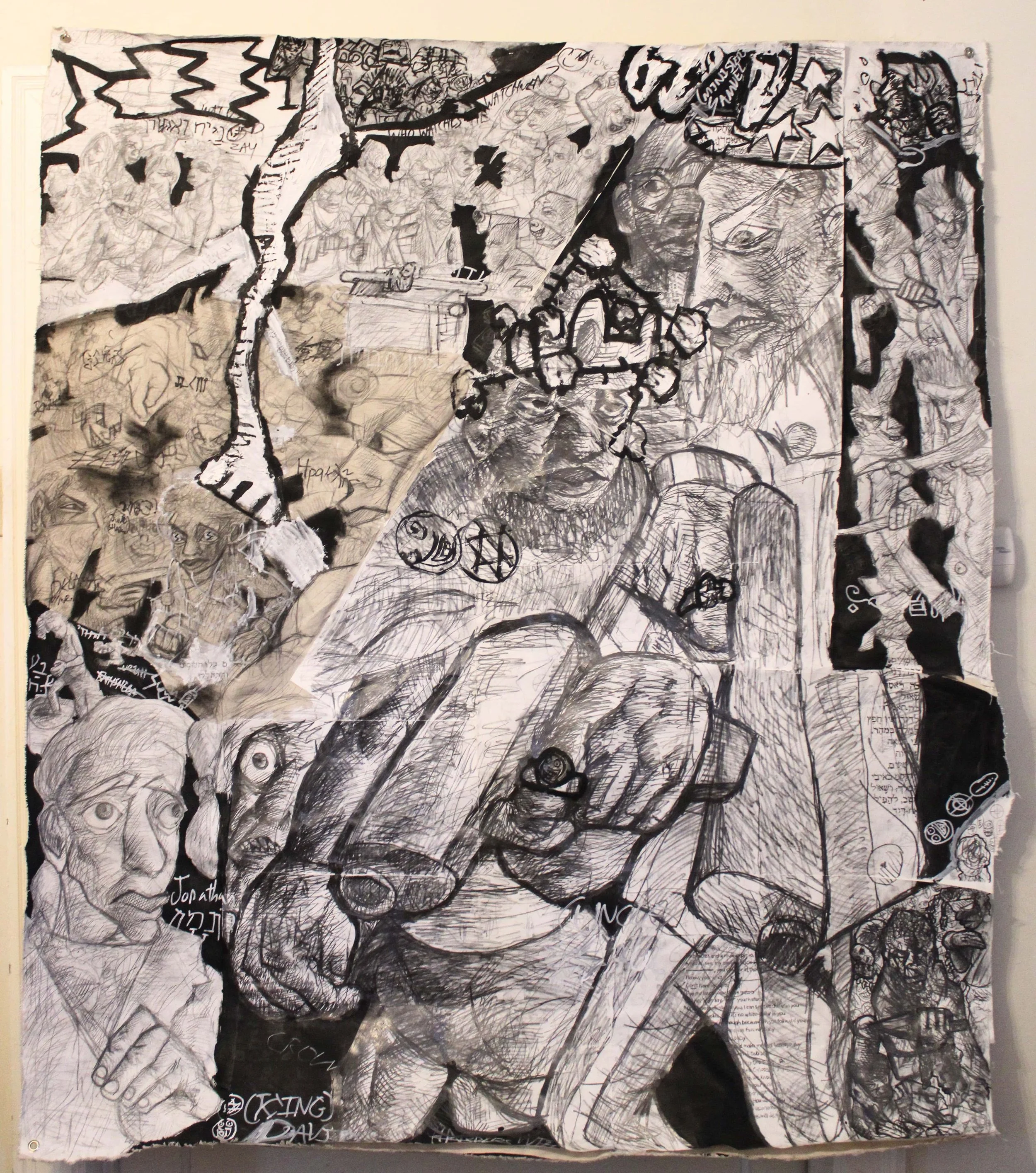 Crow II: King David and Uncle Saul// Samuel, Kings, and Chronicles, Acrylic, graphite pencil, ink, marker, and carbon tracing, 62 x 62 inches, 2025.