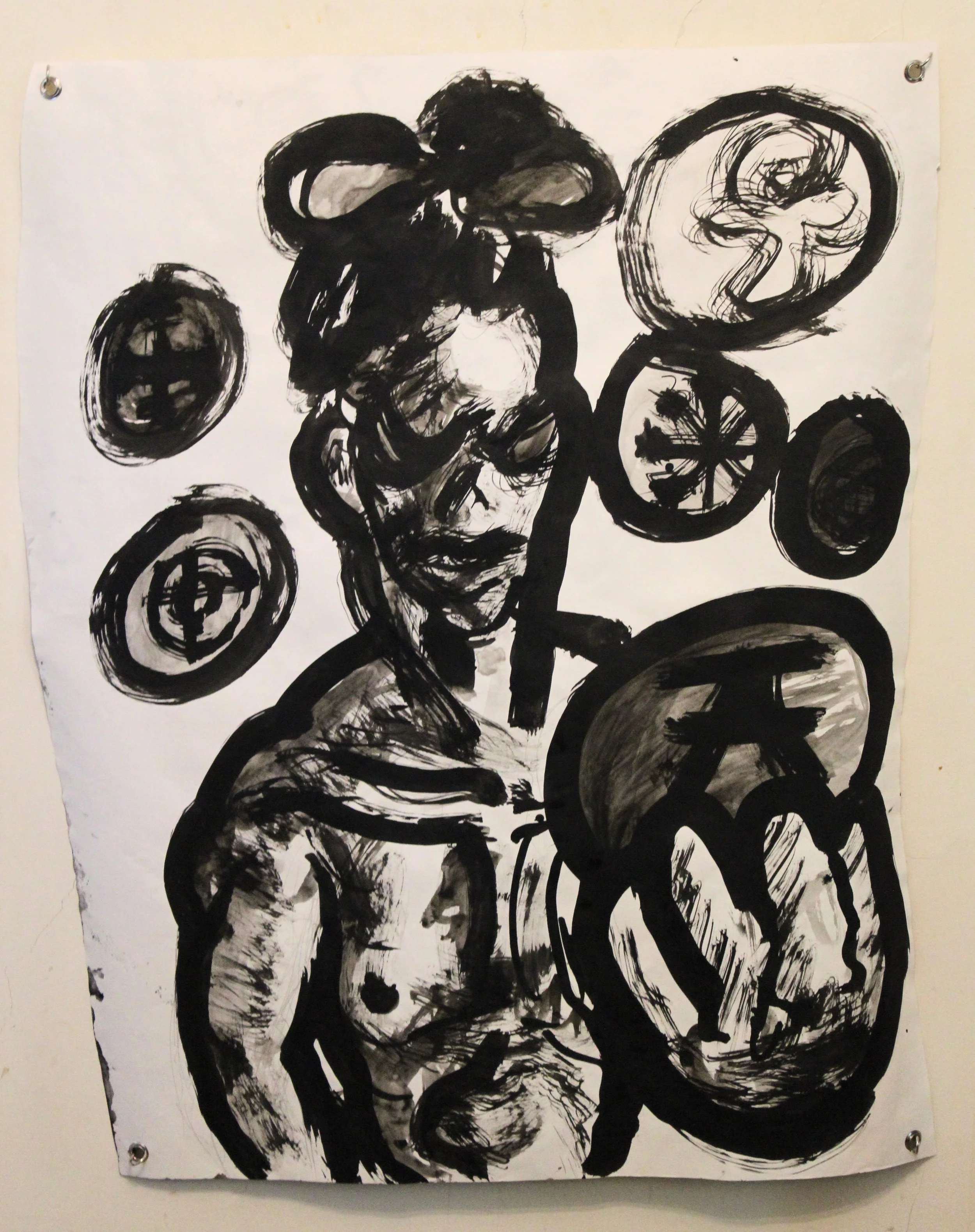 Cosmology I. Interlude side A Six paths, Ink and wash on Drawing paper, 29 x 36 inches, 2025.