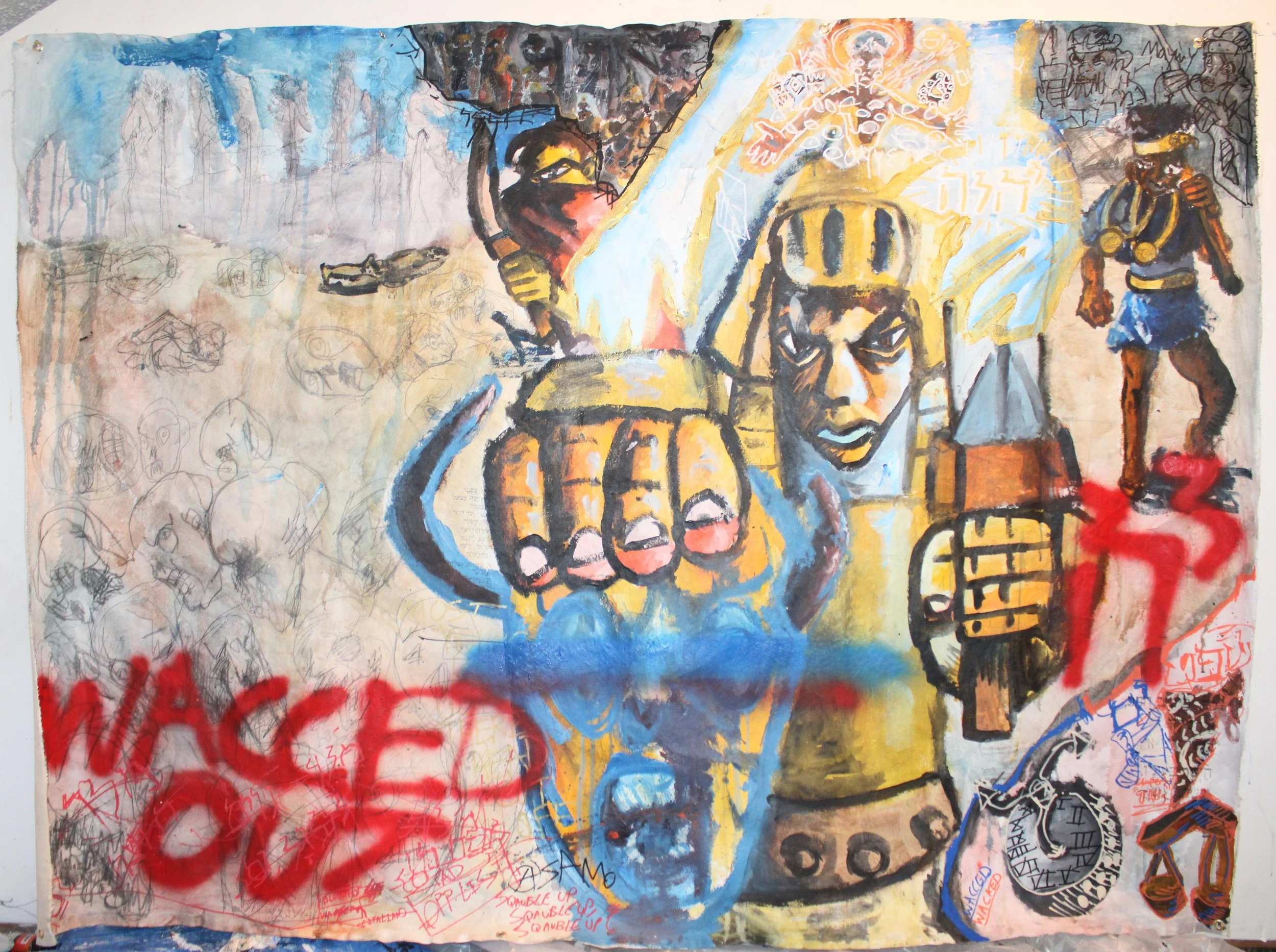 Yehoshua part II: XXXI Kings, Acrylic, graphite pencil, spray paint, markers, and carbon tracing on Canvas, 83 x 62 inches, 2025.