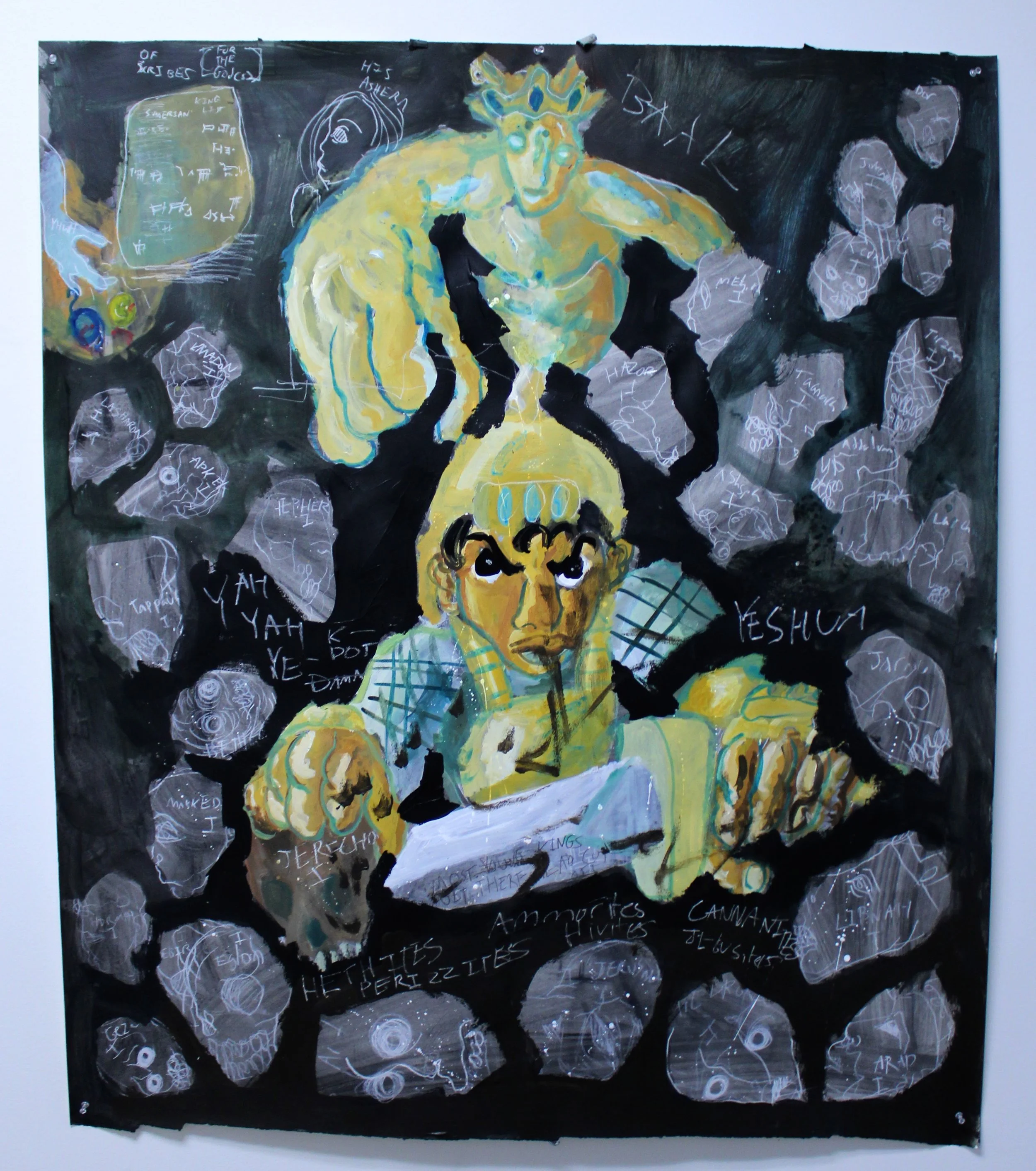 Yehoshua XII: Servants of Baal, Acylic, graphite and white pencil on Watercolor paper, 42 x 42 inches, 2023.