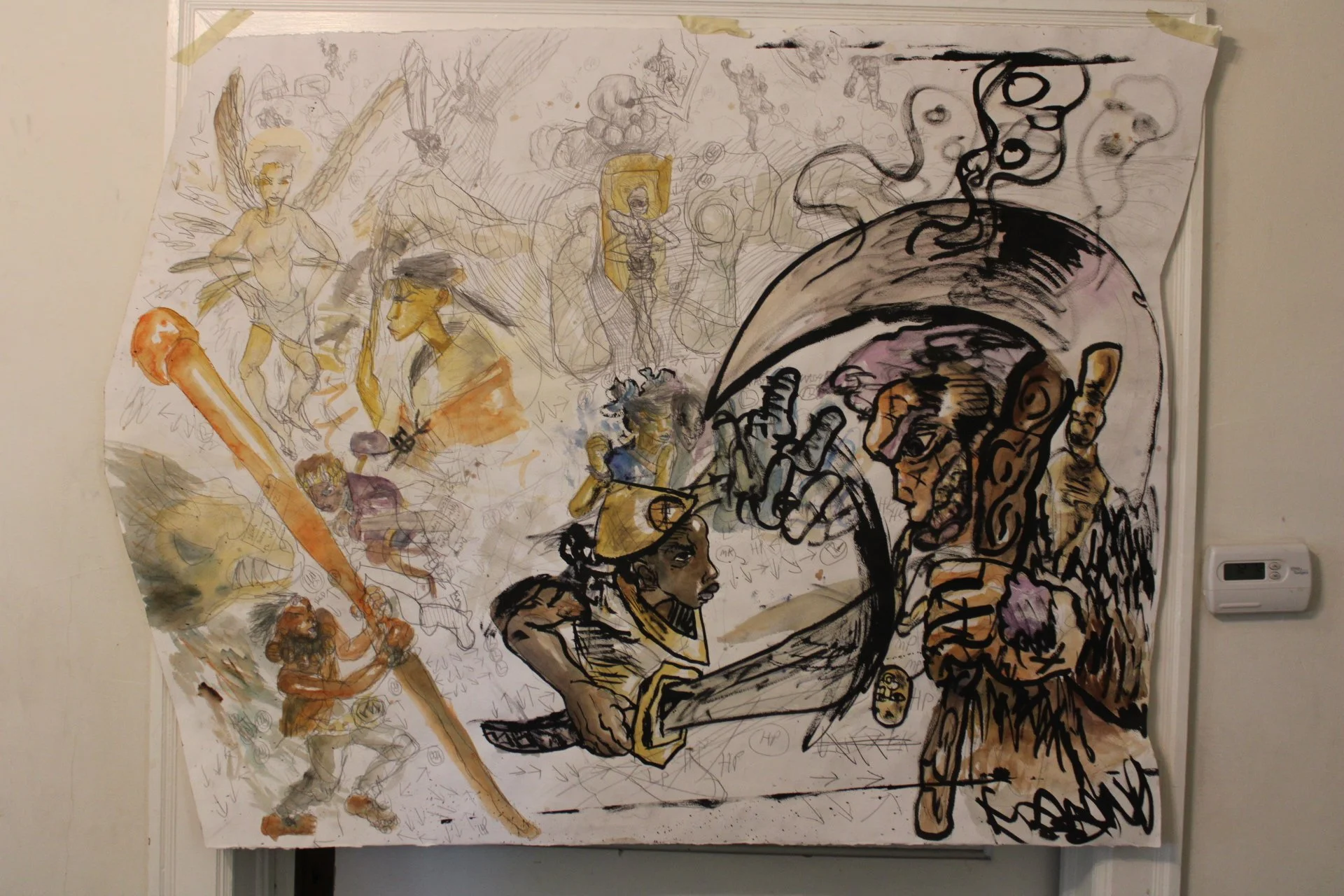 Movelist part II Side B, Acrylic, watercolor, and graphite pencil, 36 x 24 inches, 2024.