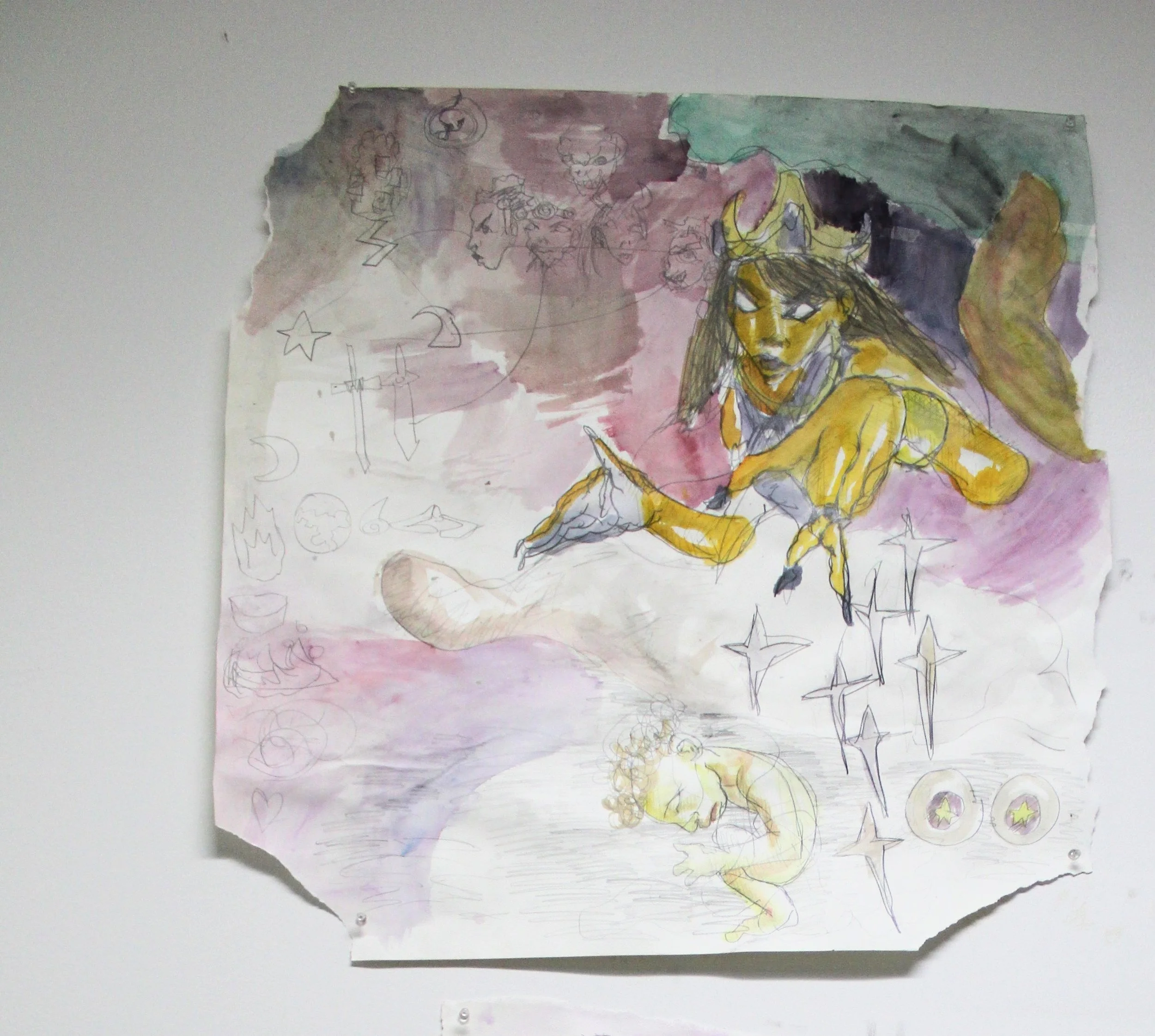 I. Children of Ishtar, Graphite pencil and watercolor on Watercolor paper, 29 inches x 30 inches, 2023.