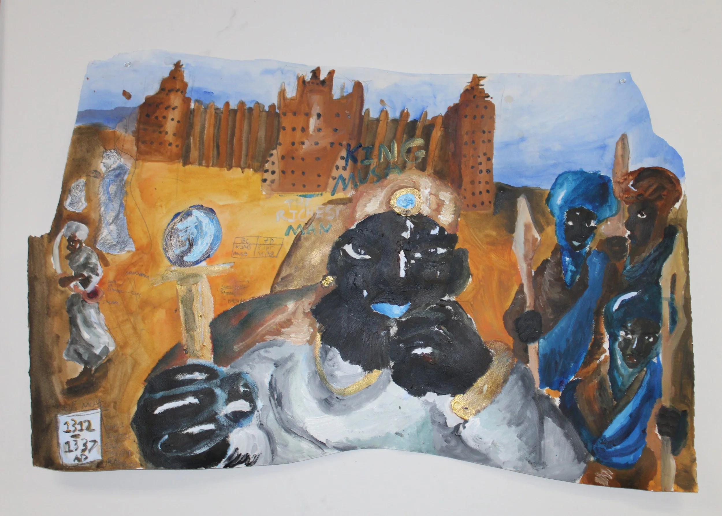 King Musa (Mali Empire), Acrylic paint on Arches paper, 45 inches x 28 inches, 2023-2024.