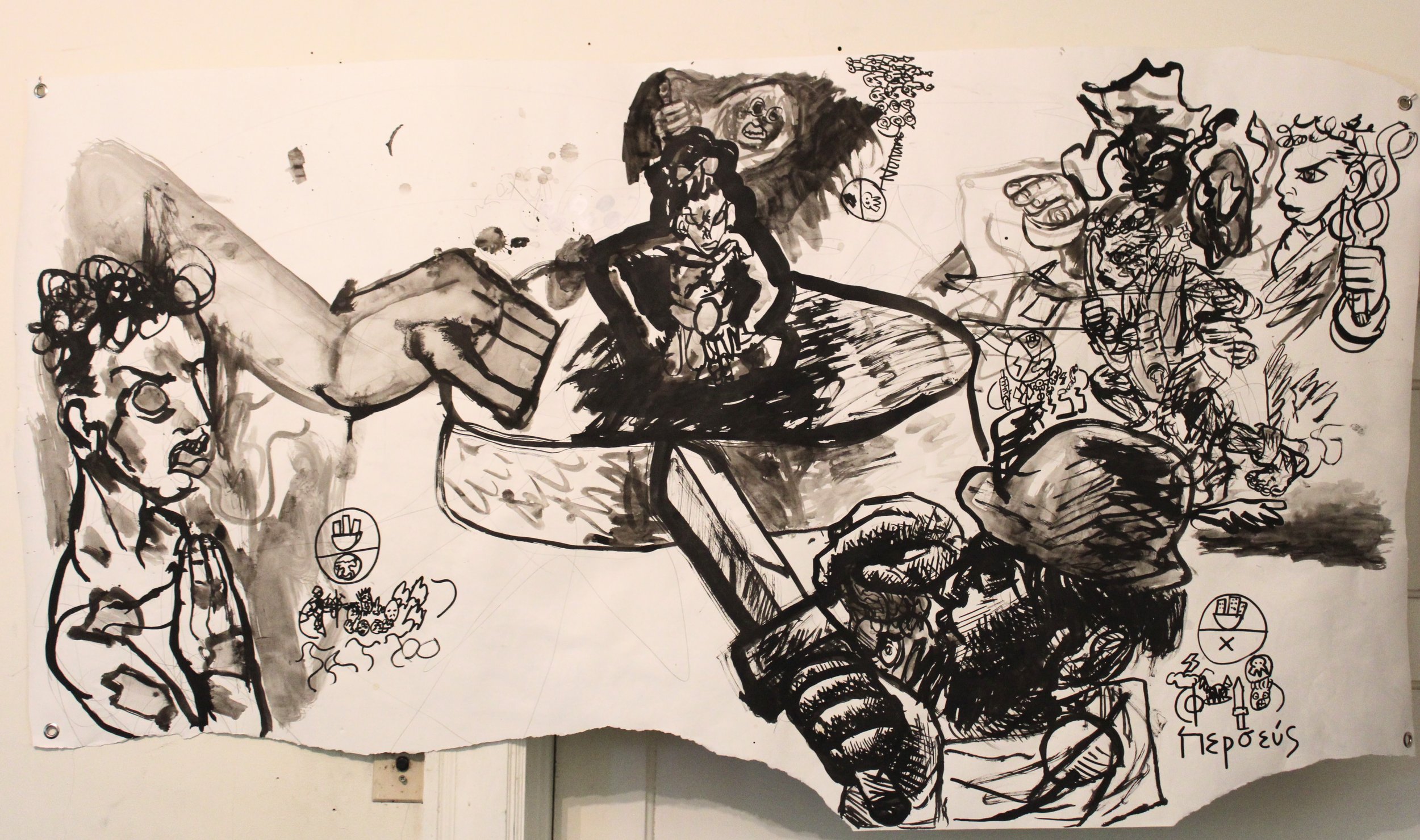 Cosmology IV. Clash side A Six paths clash, Ink and wash, graphite pencil and posca markers on Drawing paper, 61 x 36 inches, 2025.