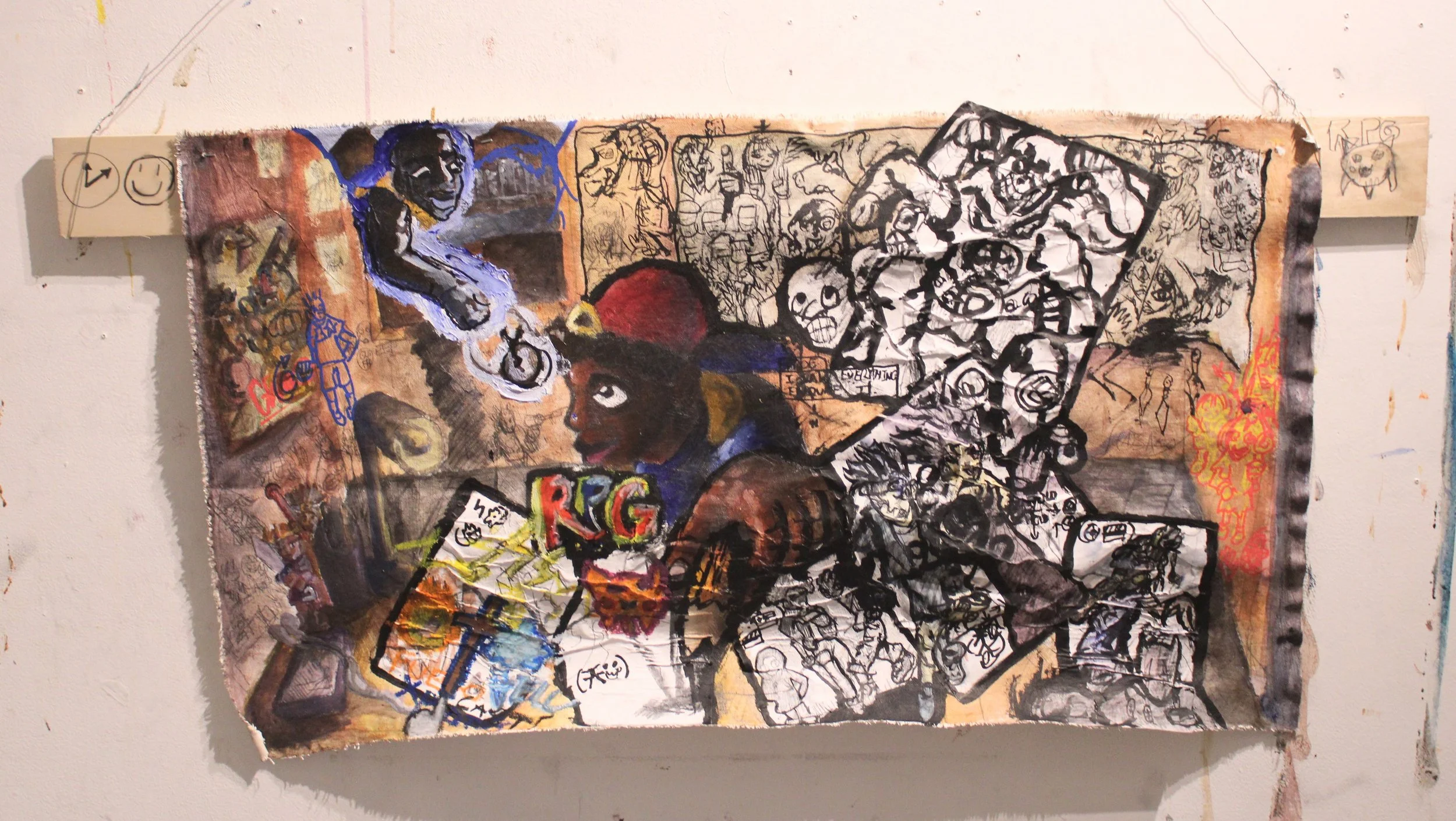 Magicians: RPG, Acrylic, graphite pencil,  marker, carbon tracing, ink, oil pastel, and collaged paper on Canvas attached on wooden board,  46 x 40 inches, 2025.