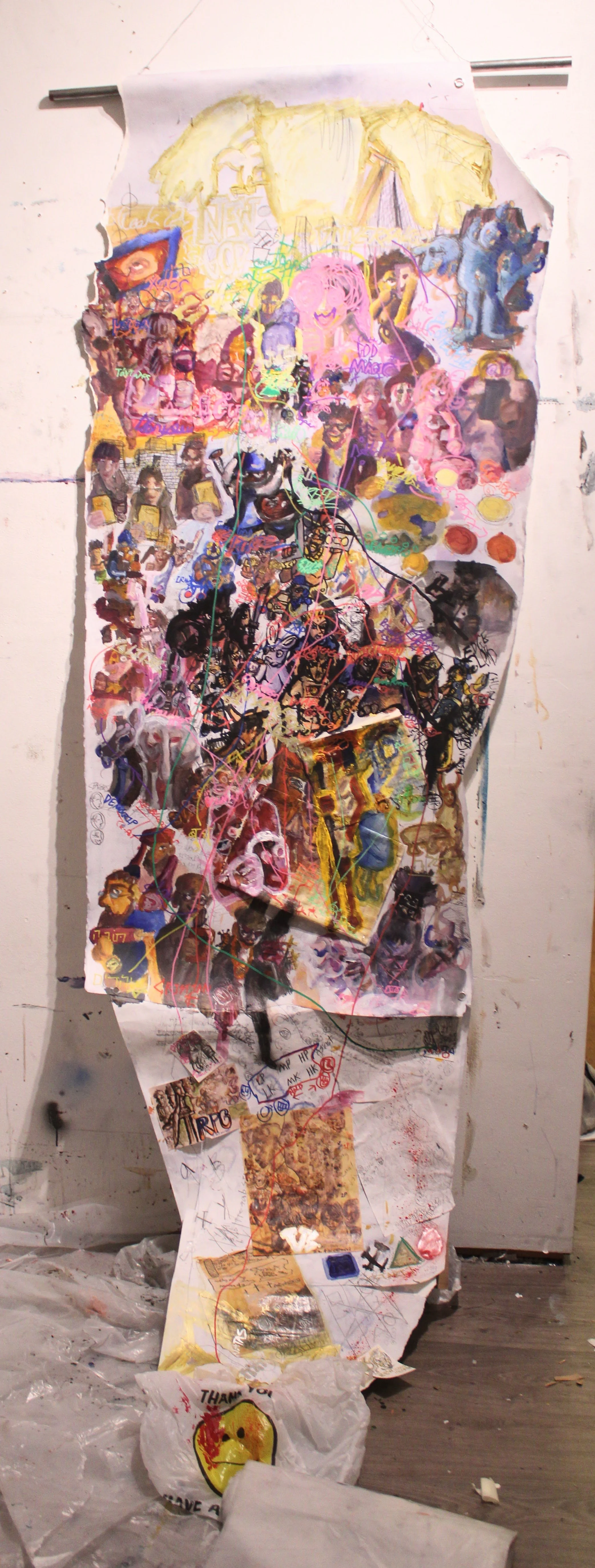 Genealogy: New Gods, Acrylic, pencil, marker, carbon tracing, spray paint, papyrus paper, plastic bag, and collage on Arches paper attached to Metal pole, 38 x 106 inches, 2025.