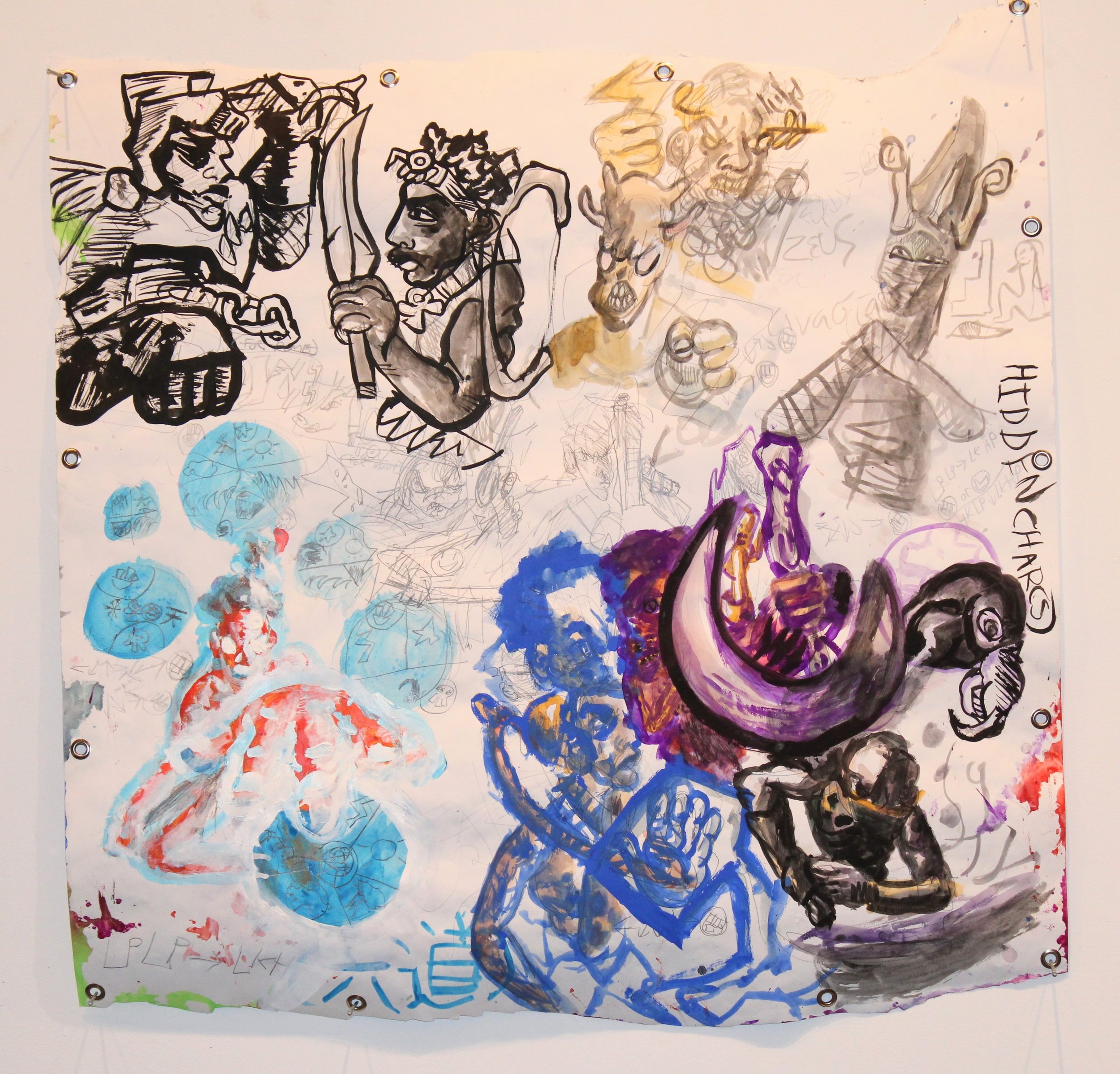 Hidden characters side A, Acrylic, ink, graphite pencil, gauche, watercolor, and gesso on Mixed media paper, 36 x 35 1/2 inches, 2024.