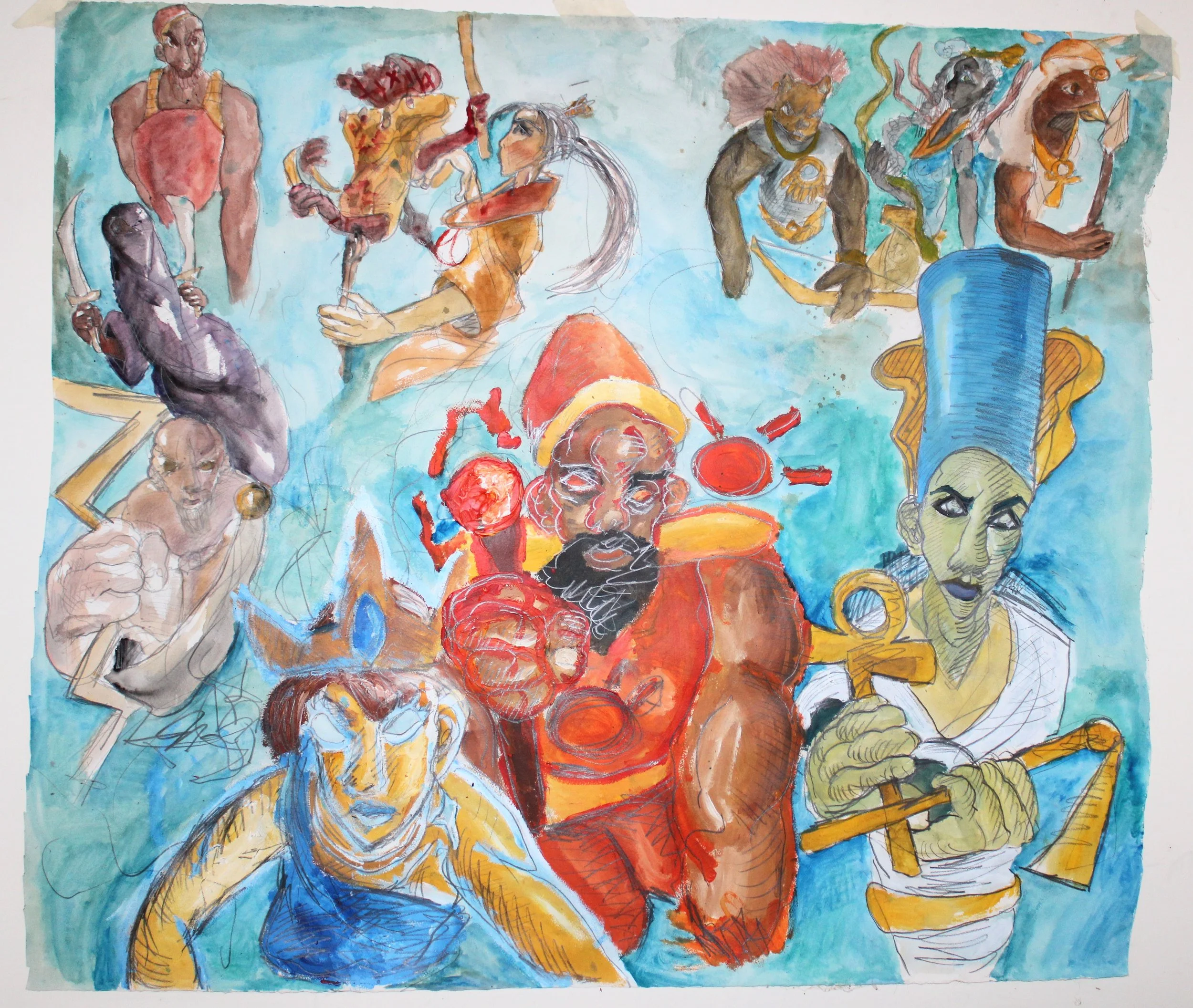IV. Old gods, Acrylic, watercolor, and graphite pencil on Arches  paper, 46 inches x 48 inches, 2023.
