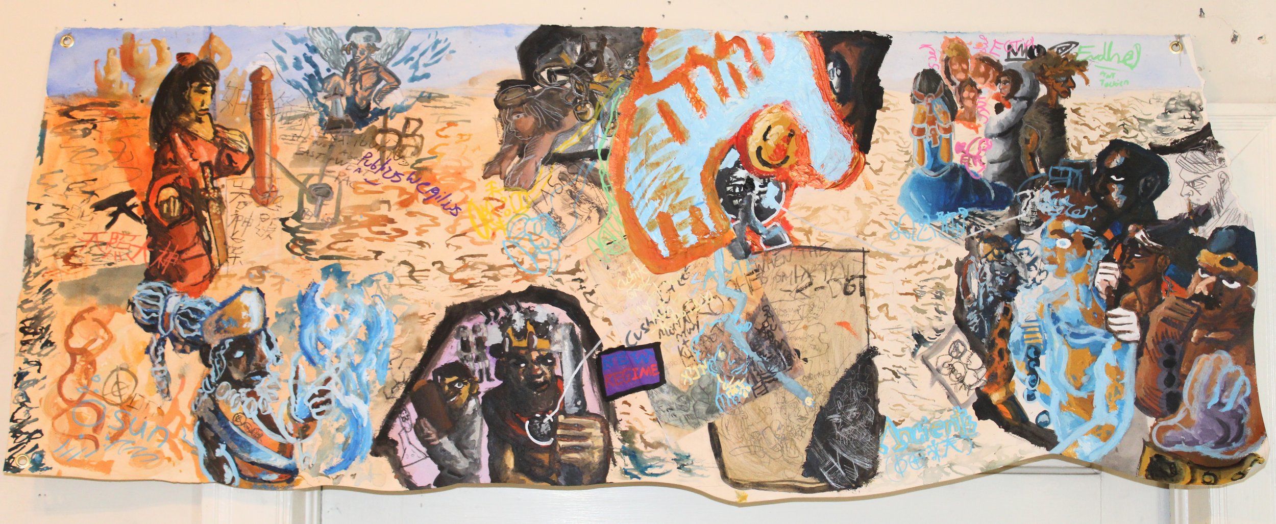 TM I:  Birth of the New Gods I Survivors and Successors, Acrylic, graphite pencil, collaged paper, posca markers, and carbon, 24 x 61 inches, 2025.